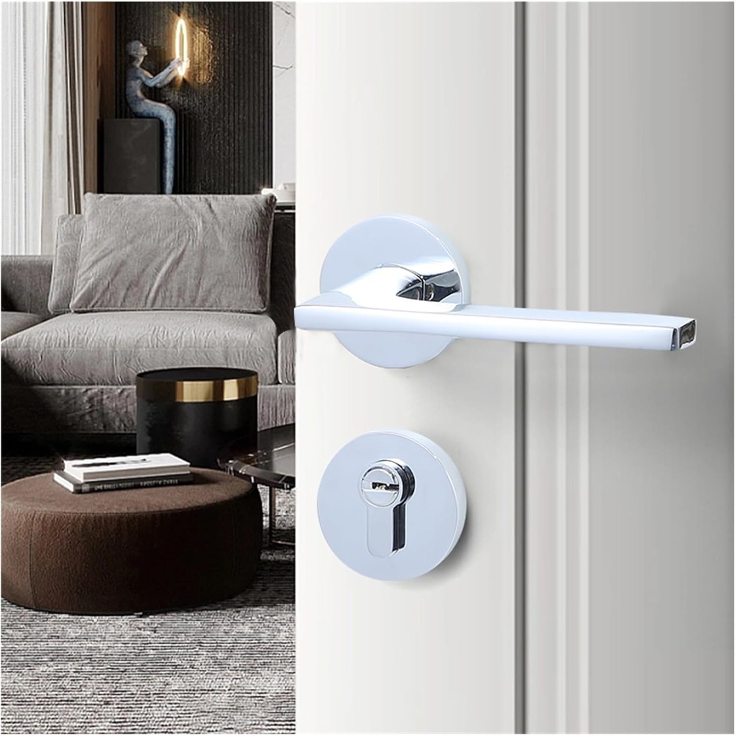 Modern Minimalist Bedroom Door Brass Door Lock Light Luxury Silent Split Lock Solid Wood Door Handle(FT01 01 Bright Silver)