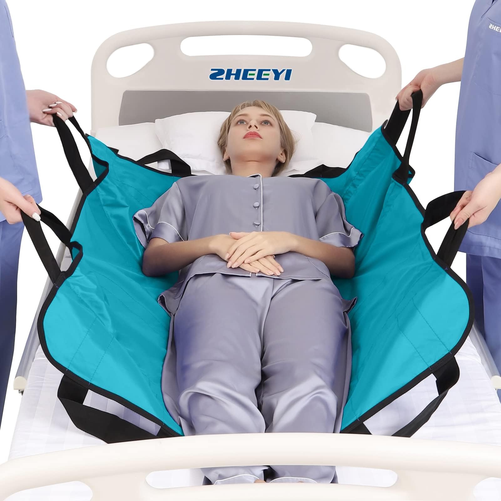 Positioning Bed Pad with Reinforced Handles 43" x 36" Patient Transfer Sheet Aid Assistant for Body Lifting, Turning, Repositioning, for Elderly, Incontinence, Caregiver, Peacock Blue