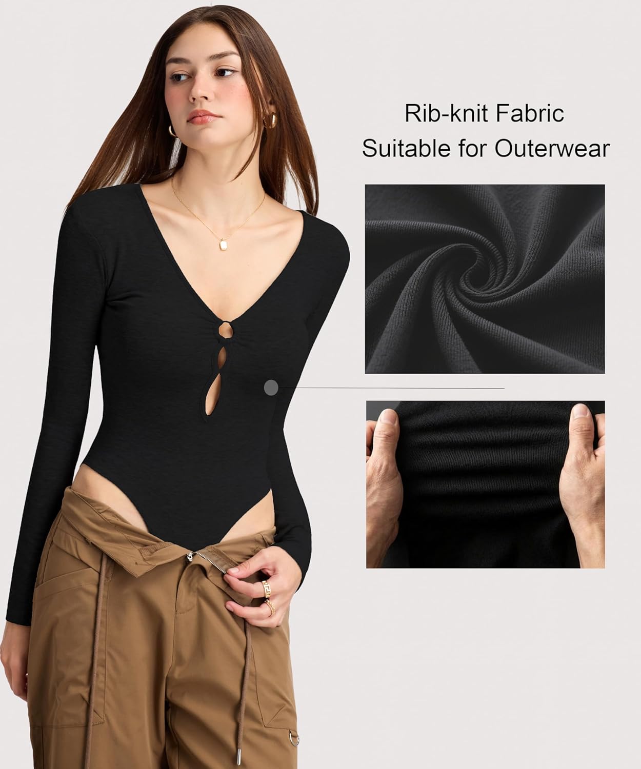 Women Deep V Neck Long Sleeve Bodysuit with Cutout Going Out Bodysuit Casual Stretchy Basic Bodysuit Tops - Image 7