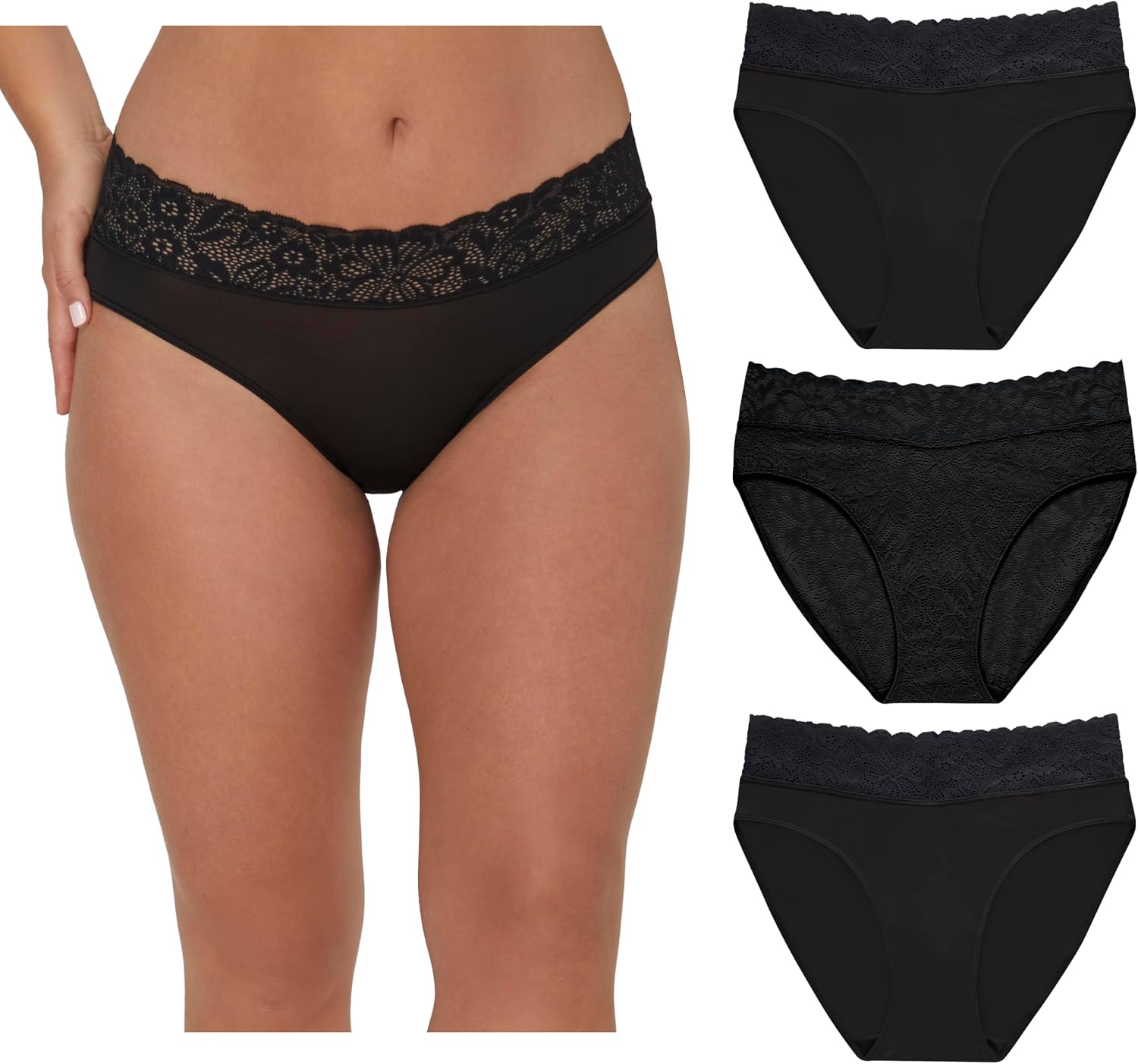 Maidenform Women's Underwear, Hi-cut Panties, Stretch Lace High-leg Underwear for Women, 3-pack