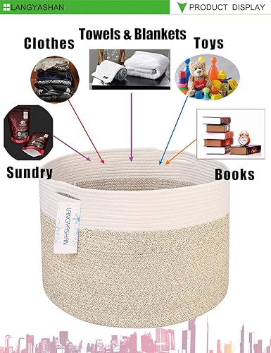 Miniatura 4 de LANGYASHAN Cesta decorativa grande de cuerda tejida para sala de estar, juguetes, sofá, mantas de almacenamiento o cuarto de bebé, cesta redonda