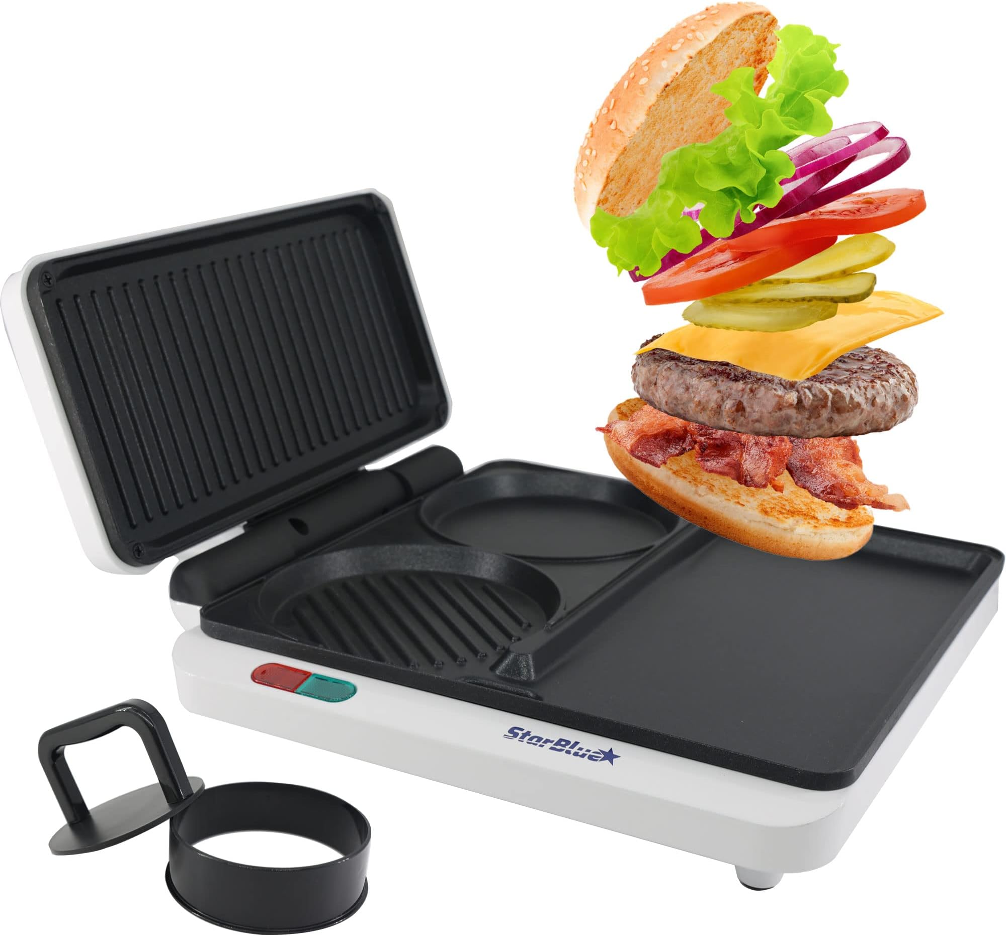 Hamburger Grill Maker by StarBlue with FREE Burger Press and Recipes eBook - Portable and Multipurpose Machine AC120V 60HZ 1000W