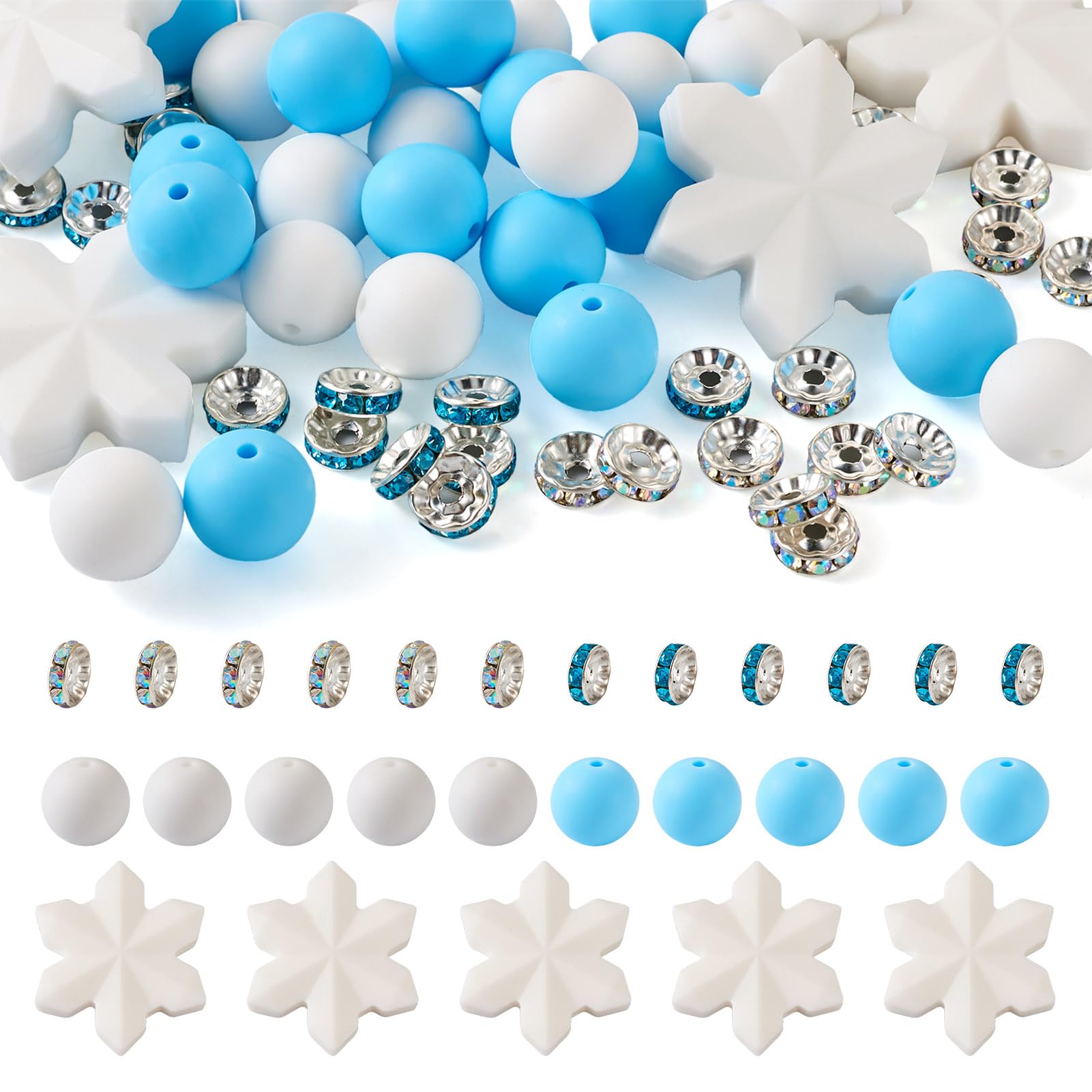Perles silicone Noël Beadthoven de 15mm en bleu et blanc pour bijoux artisanaux durables