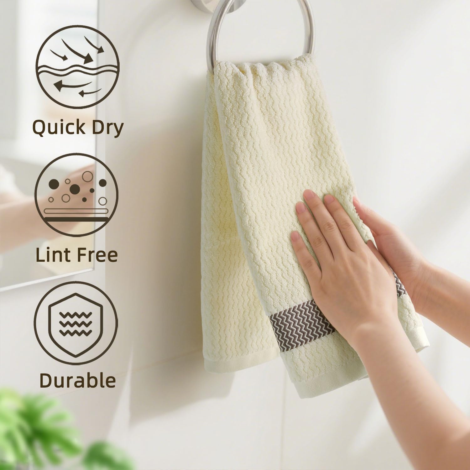 Cleanbear Hand Towels Set of 2, 100% Cotton Soft Absorbent Towels with Wavy Jacquard Border for Bathroom & Kitchen Decor, Cream, 13 x 29 Inches - Image 4