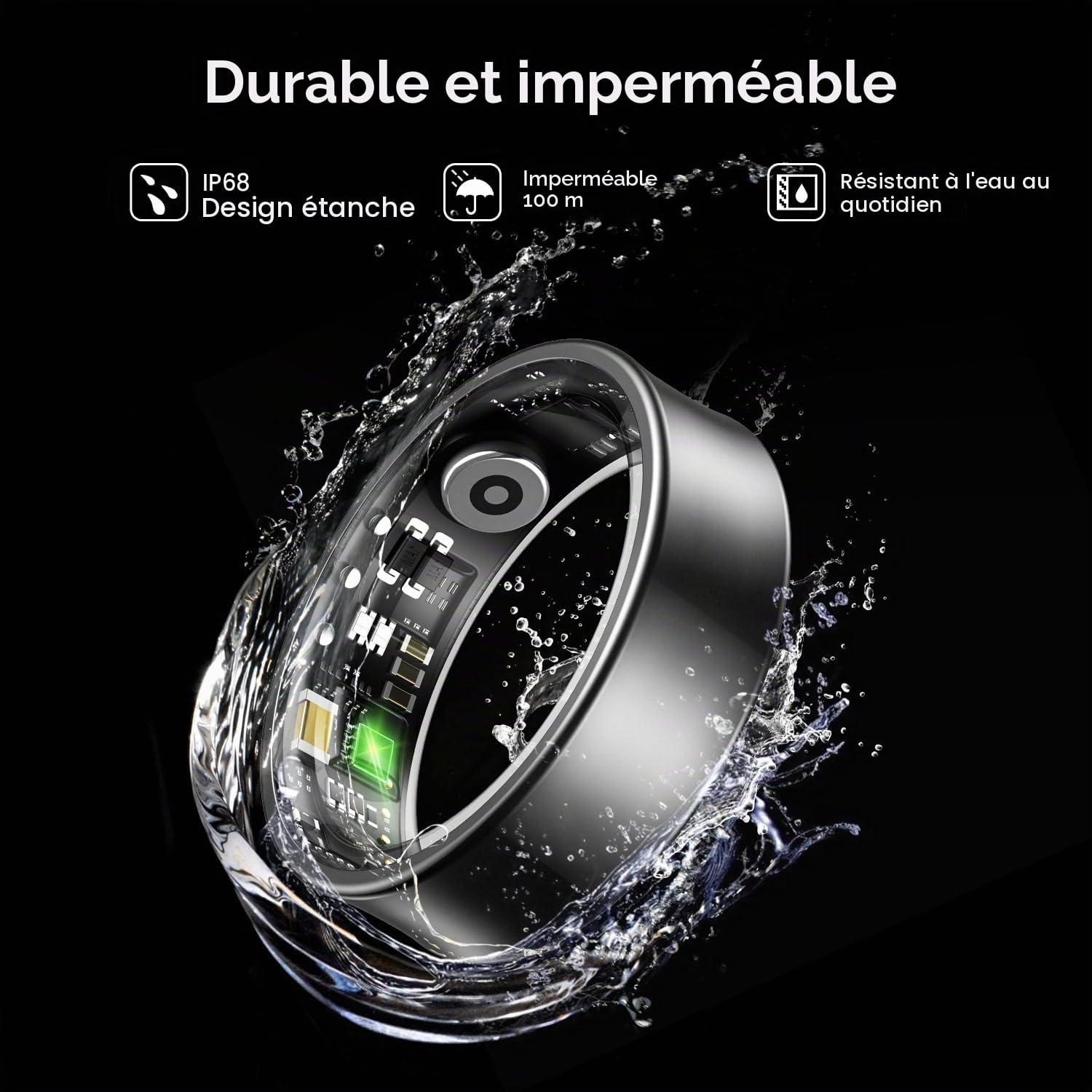 Bague Connectée, Boîtier de Recharge Inclus, Smart Ring avec 24/7 Fréquence Cardiaque HRV SpO2 Sommeil Stress, 176 Sport,Étanche IP68, APP sans Abonnement iOS Android, Noir, 62.8mm(10)