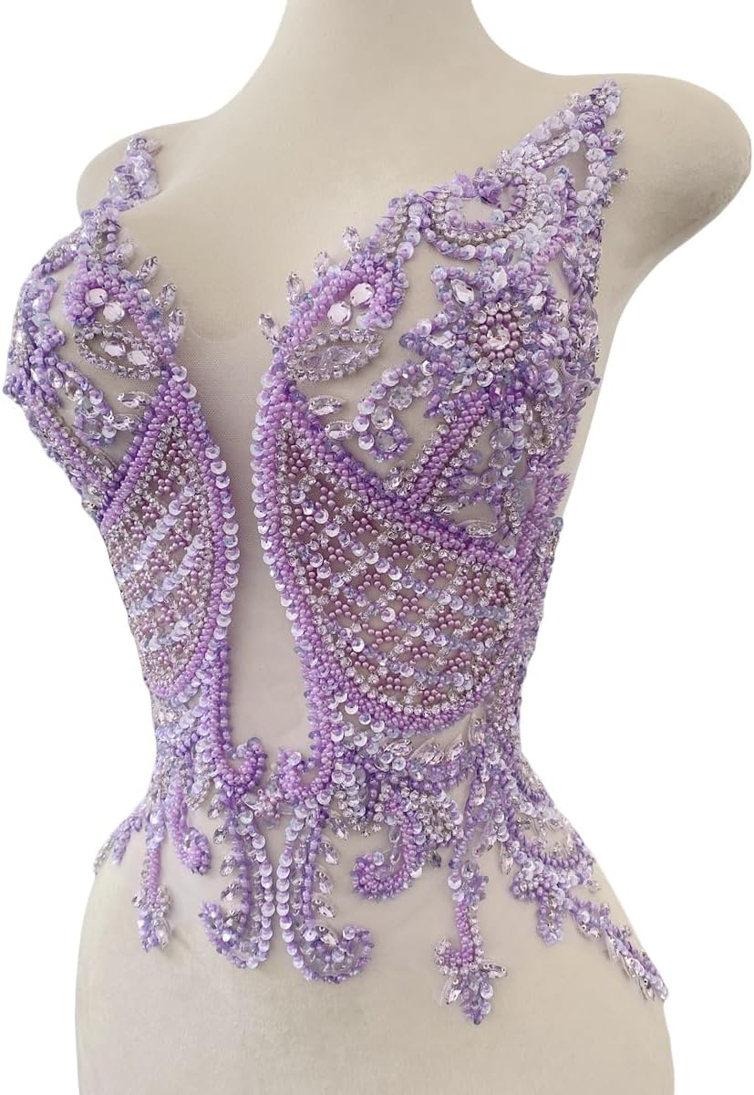 Handmade Rhinestone Applique Sewing Beads Stones Trim Patches for Skirt Accessories 15X22.4inches (Light Purple)