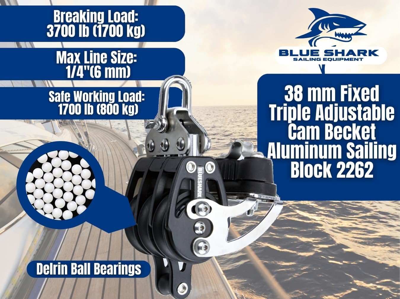 Blue Shark 2262-38 mm Fixed Triple Adjustable Cam Becket Aluminum Sailing Block - Max Line: 3/8” (10 mm), Safe Working Load (SWL): 1700 lbs, Breaking Load: 3700 lbs