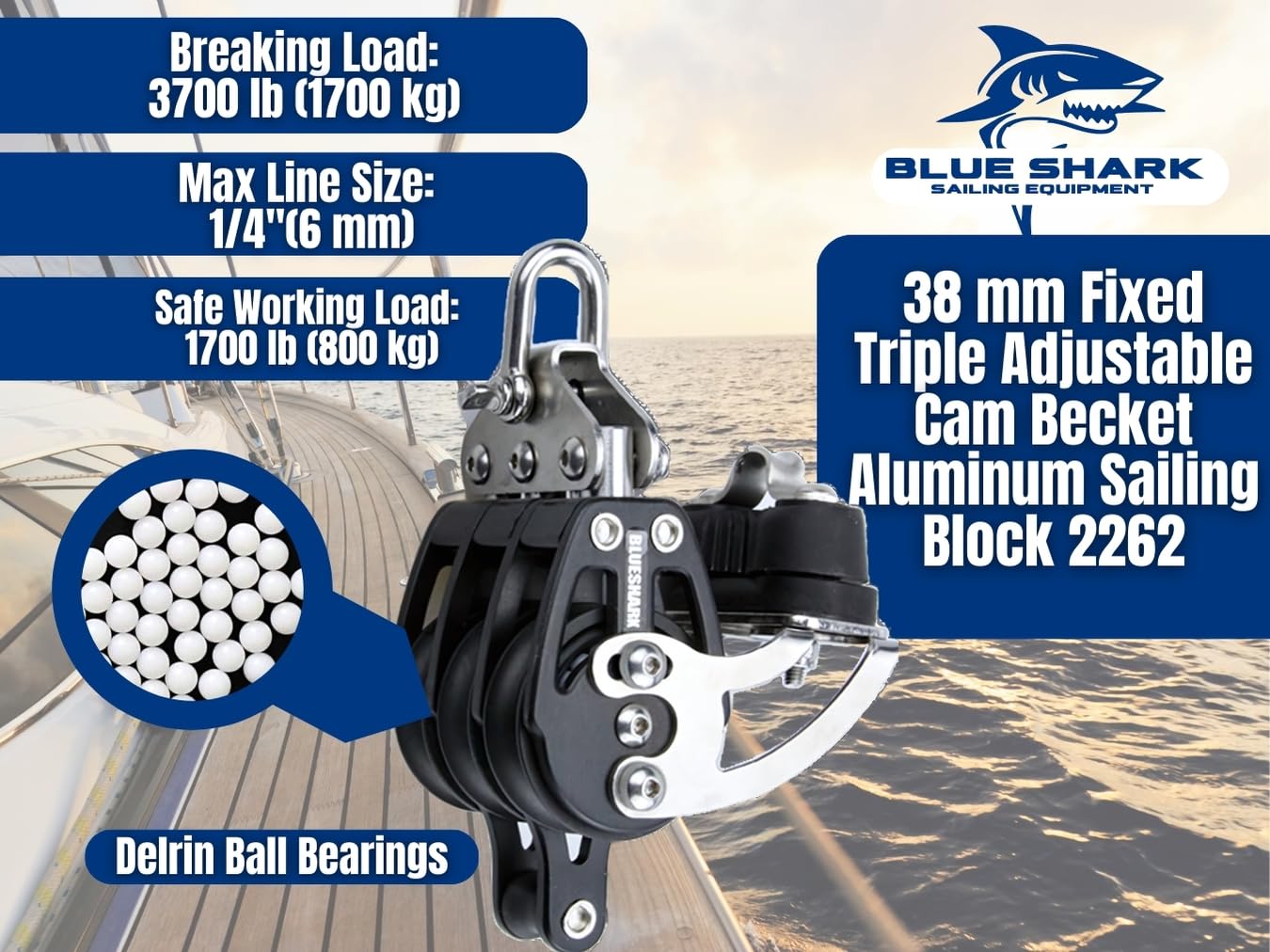 Blue Shark 2262-38 mm Fixed Triple Adjustable Cam Becket Aluminum Sailing Block - Max Line: 3/8” (10 mm), Safe Working Load (SWL): 1700 lbs, Breaking Load: 3700 lbs (2-Pack)