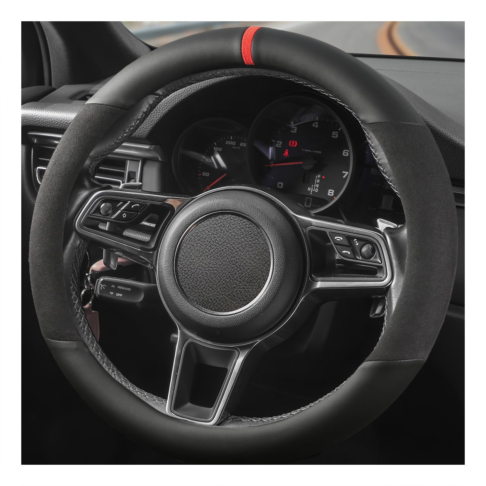 Suede Steering Wheel Cover with Upgraded Silicone Inner Ring, Anti Heat, Breathable, Anti-Slip, Leather Universal 14.5 to 15 inch Steering Wheel Cover (Black and Red, Partial Genuine Leather)
