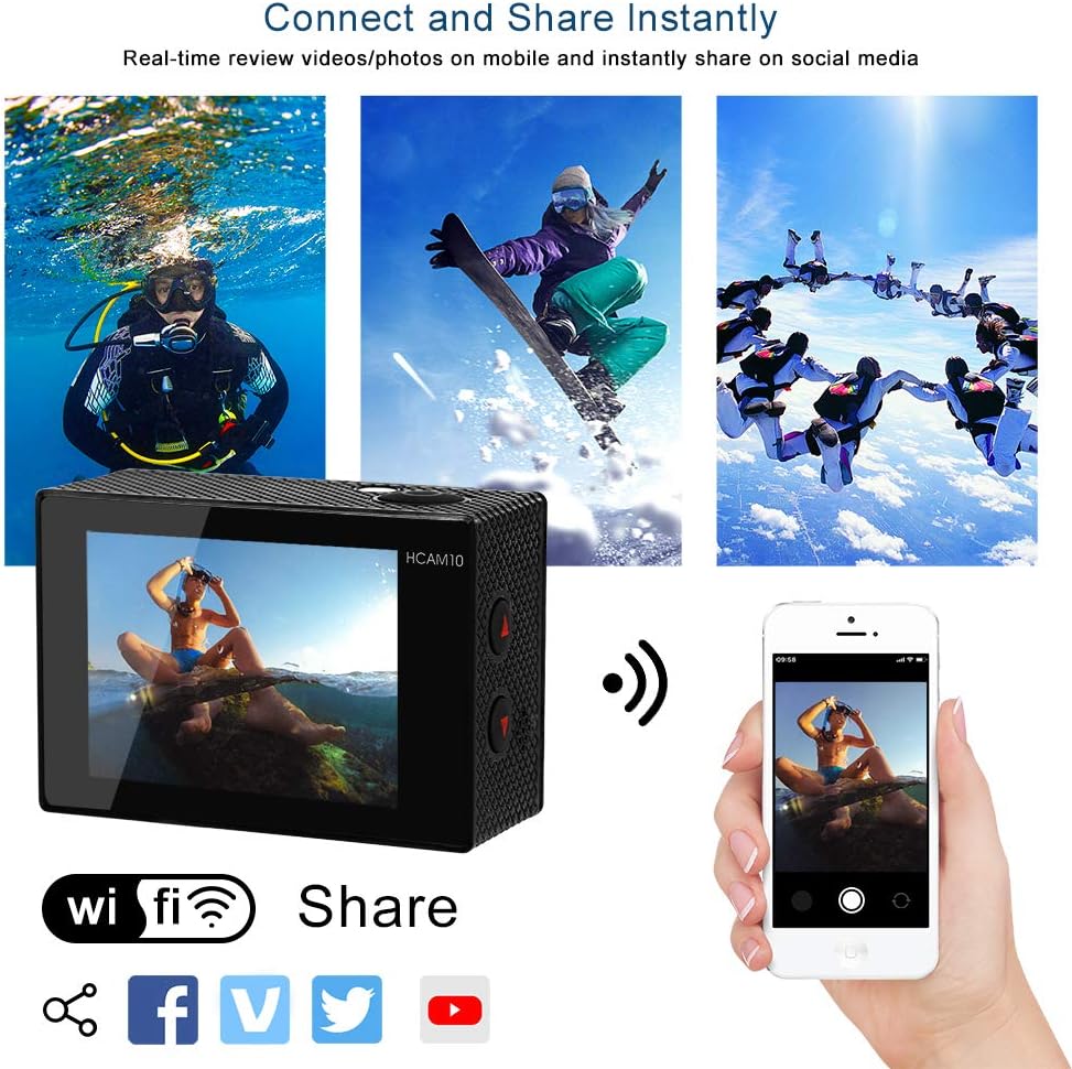 Buy 1 get 1 Video Action Camera 4K with Wide Angle Lens HD WiFi Underwater Camera with Waterproof Case Remote Outdoor Sports Camera for Vlog with Accessories Mount Kit Battery Charger