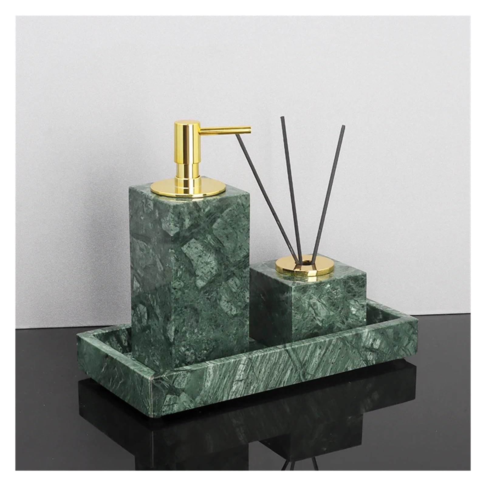 Set Bagno Accessori da bagno in marmo verde | Set di scatole for fazzoletti portaspazzolino con dispenser di sapone retrò(Cotton swab can B)