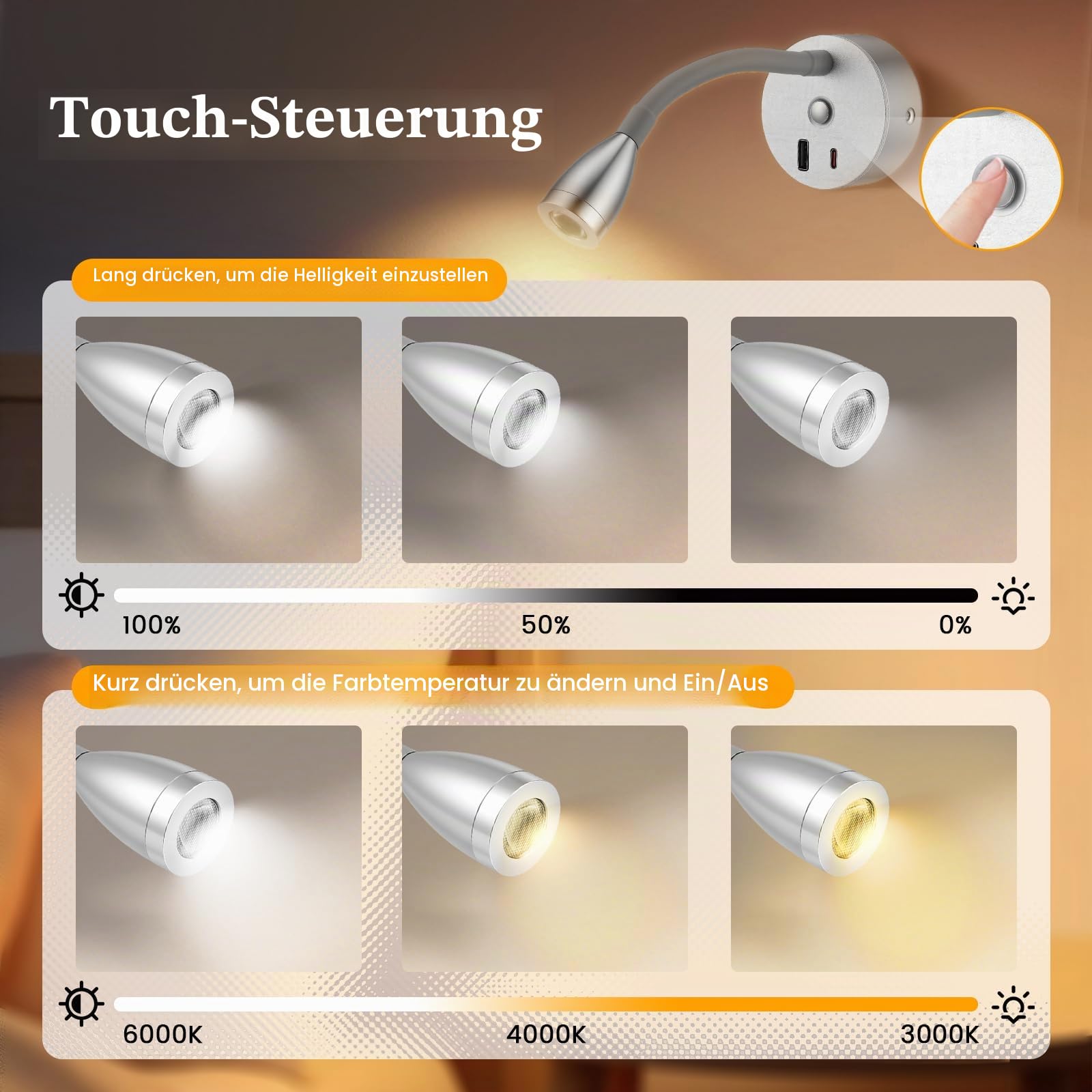2 Stück LED Leselampe Wohnmobil Dimmbare Wandleuchte, Flexible Schwanenhals Wandlampe, 12V Nachttischlampe mit USB + Type-C -Ladeanschluss, für Wohnmobil Boot Wohnwagen Van LKW Yacht