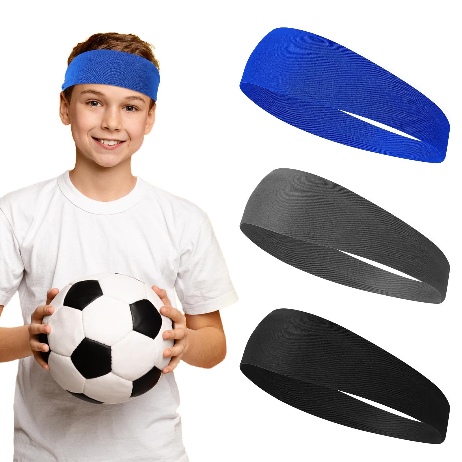 3 Pcs Kids Sports Headbands Boys Girls Athletic Elastic Sweatbands Children Soft Moisture Wicking Hairband Absorbing Sweat Band for Football Basketball Running Tennis