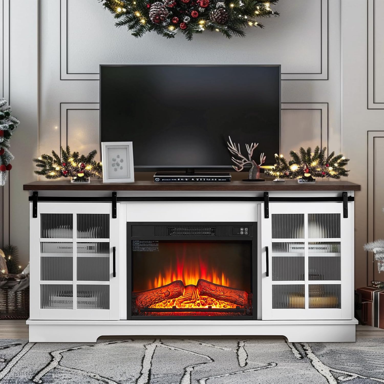 Electric Fireplace TV Stand,Multipurpose Sliding Door TV Media Stand,Modern Entertainment Console with 23" Fireplace Inset, TV Media Console with Storage Space,White+Brown