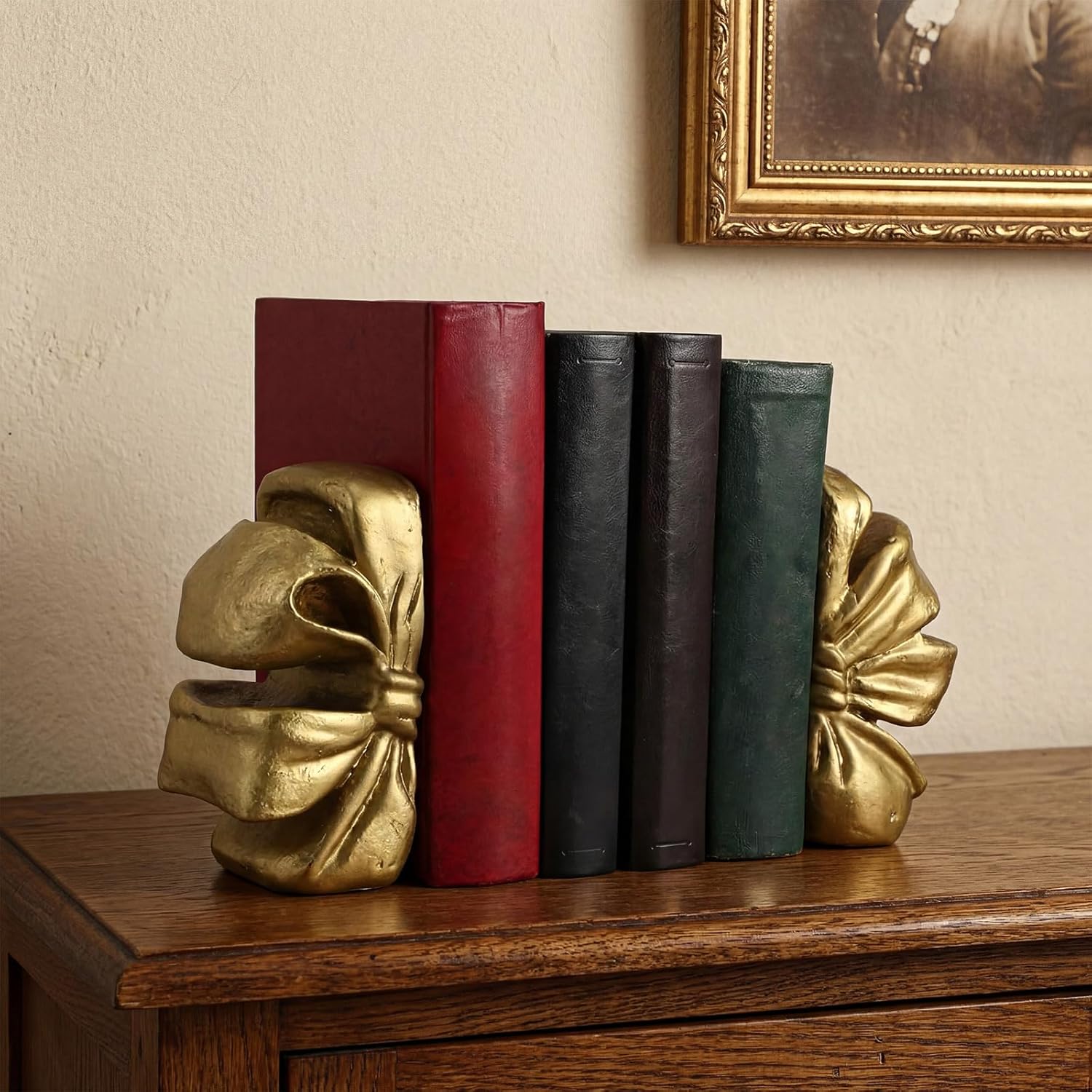 Vintage Gold Bow Bookend Set of 2 Heavy Duty Decorative Bowknot Book Ends Resin Bookends with Non Slip Felt Base Muted Matte Book Stopper Holder Shelf Organizer for Desk Home Office Decor