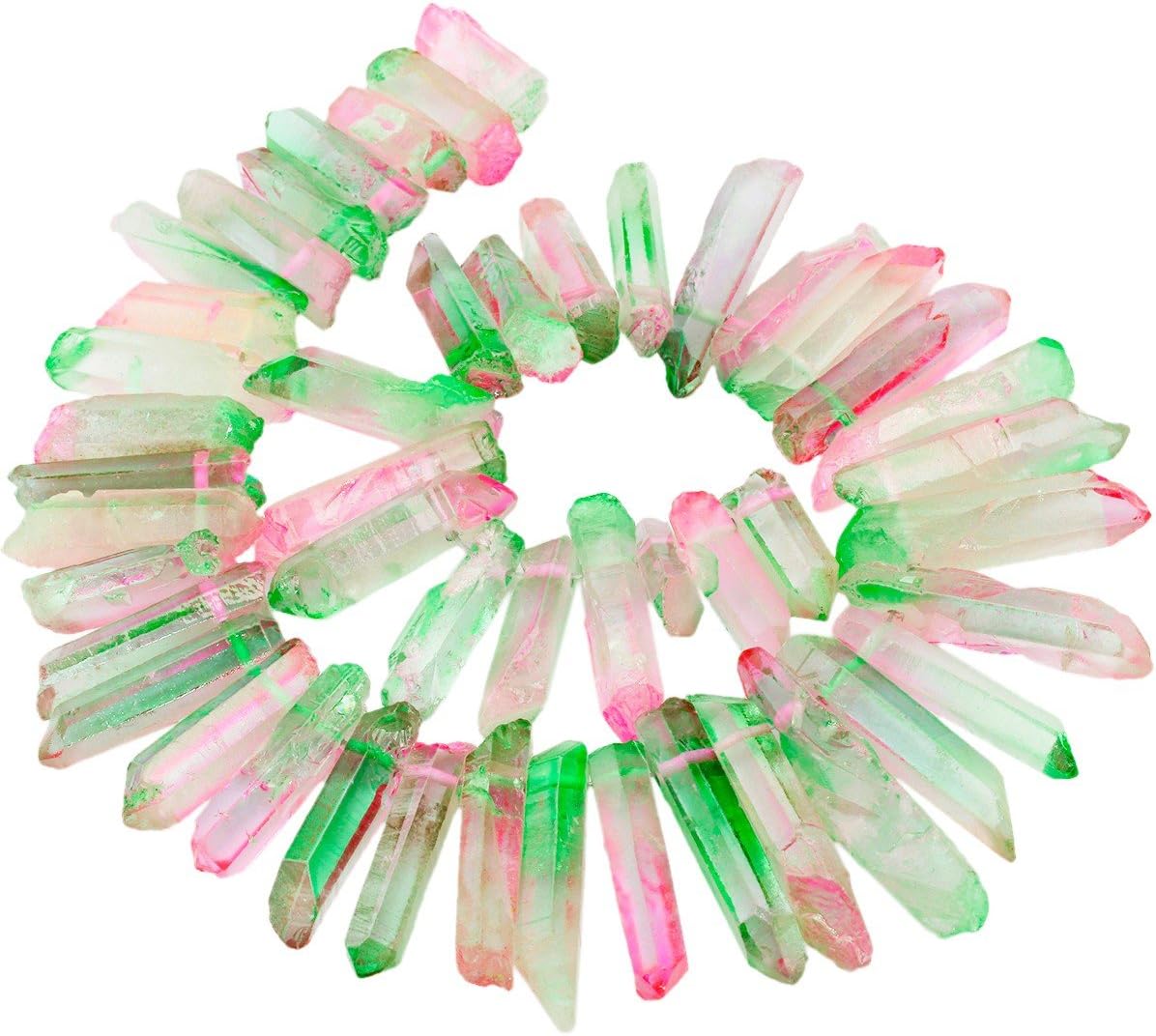 rockcloud Natural Rock Crystal Points Titanium Coated Clear Quartz Sticks Spikes Top Drilled 15 inch Strand,Pink&Green