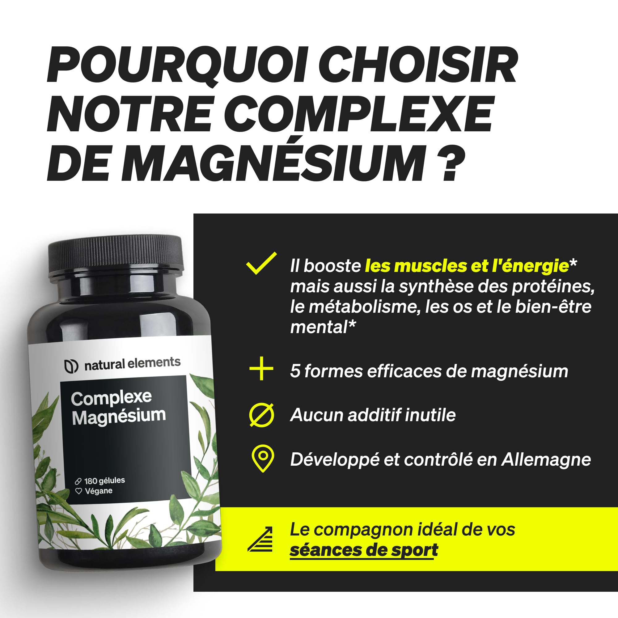 Complexe Magnésium – premium Constitué de cinq composés de haute qualité – 200mg de magnésium élémentaire par dose journalière – contrôlé en laboratoire, végane, hautement dosé