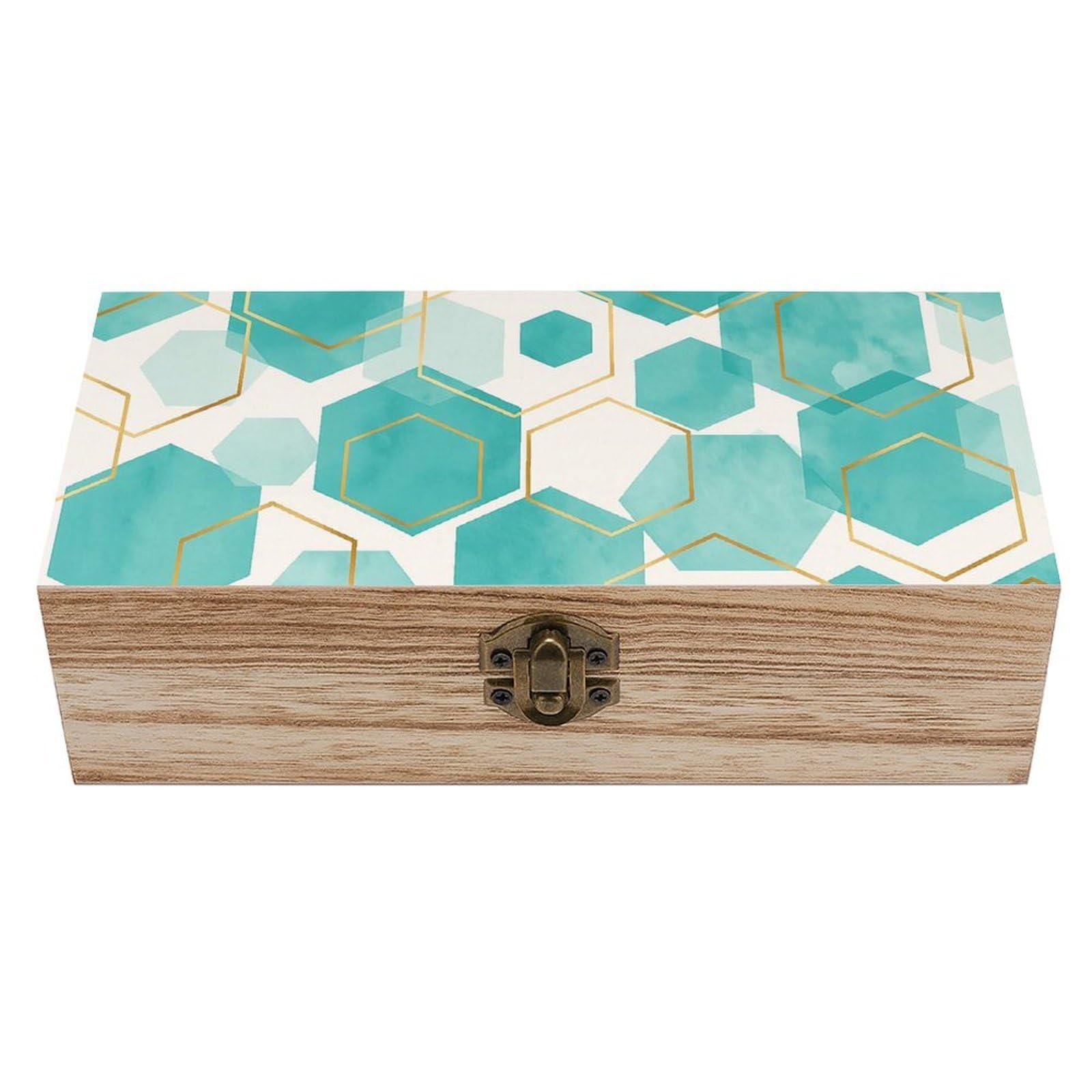 SMAZDFXX Watercolor Cyan Gold Geometric Wooden Storage Box Multipurpose Decorative Box for Jewelry Photo Home Decor