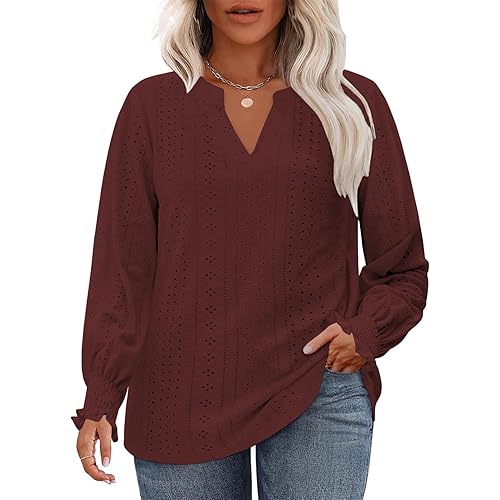 VISLILY Womens-Plus-Size-Tops Cute Ruffle Long Sleeve Shirts Trendy Casual V Neck Tunics Dressy Eyelet Work Blouses XL-5XL