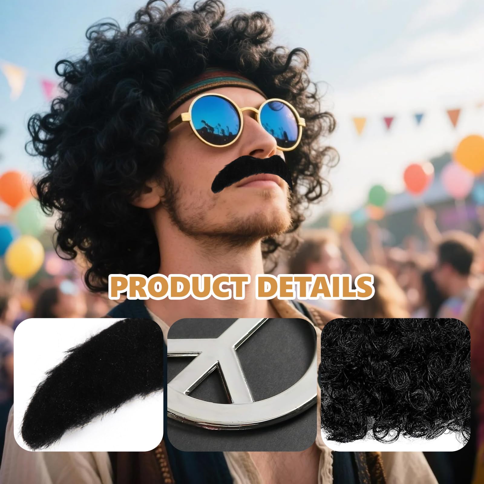 VQUNBG 4 Pcs Hippie Costume Set, 70s 80s Disco Fancy Dress Accessories, Mens & Womens Pop Hippie 70s Disco Fever Hair, Wig - Image 3