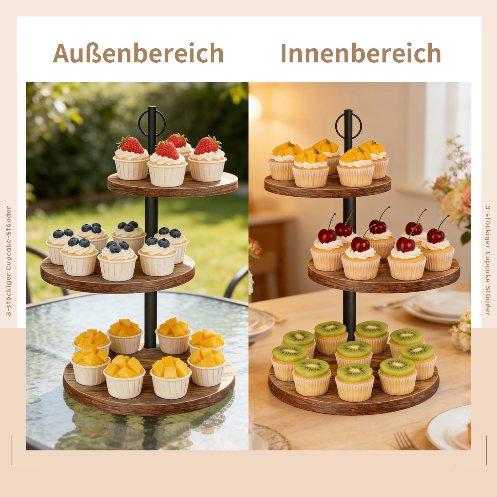 Présentoir à gâteaux à 3 étages en bois - Grand présentoir à cupcake de 30/25/20 cm de diamètre - Présentoir à gâteau et support à gâteau pour muffins, gâteaux, desserts, mariage, fête d'anniversaire