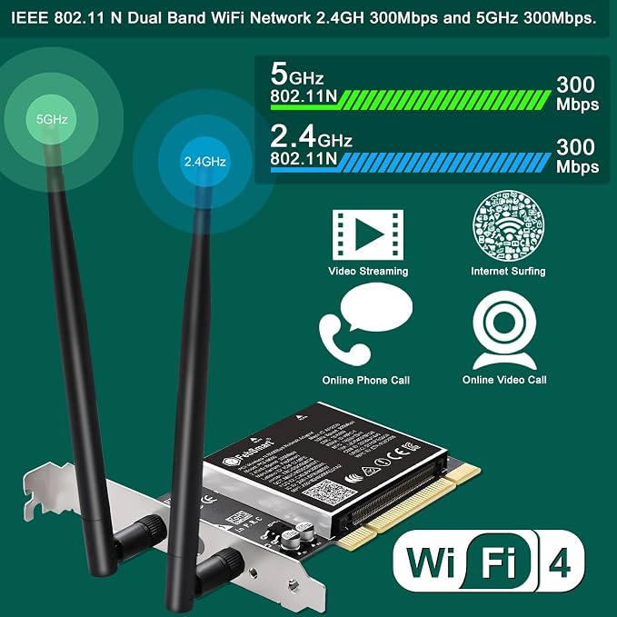 Tarjeta de Red Inalámbrica PCI Dual Band 600 Mbps (300 Mbps a 2.4 GHz y 300 Mbps a 5 GHz) para Windows 11, 10, 8.x, 7, XP y Servidores Windows, Tarjeta WiFi PCI-N600 de FebSmart miniatura 3