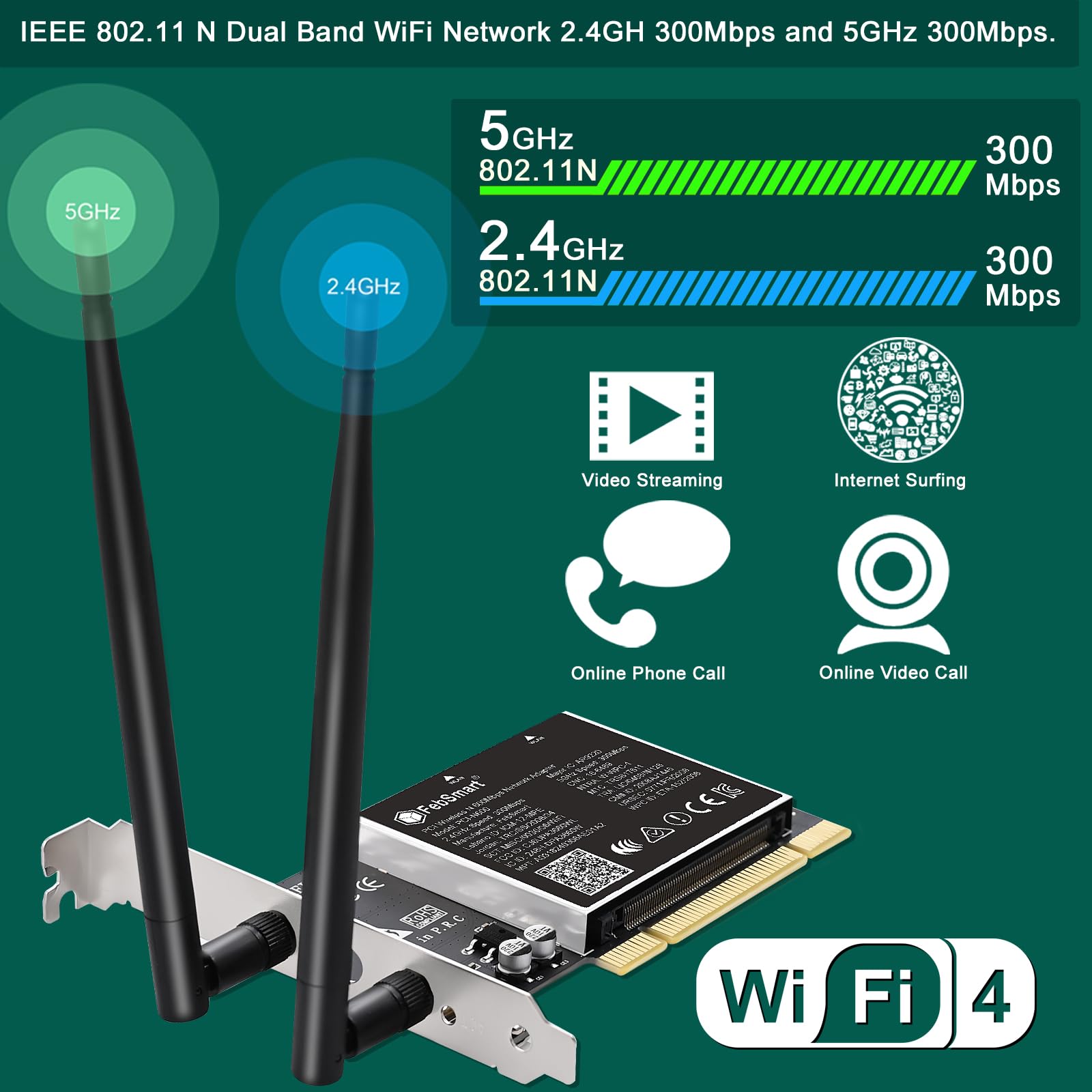 Wireless N Dual Band 600Mbps (2.4GHz 300Mbps o 5GHz 300Mbps) PCI WiFi Adapter per Windows 11, 10, 8.x, 7, XP (32/64bit) e PC desktop Windows Server, interfaccia PCI scheda WiFi (PCI-N600)