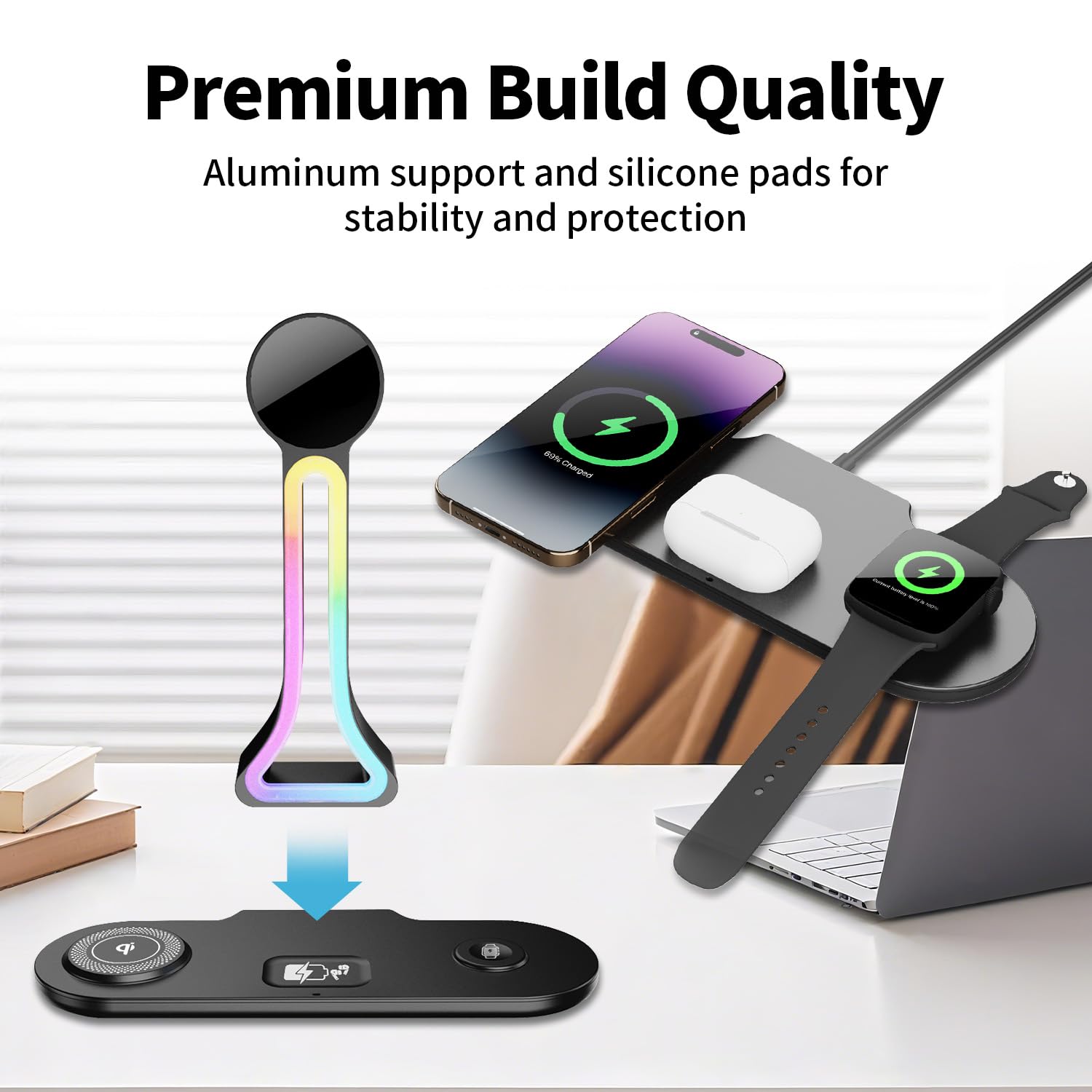 Trasforma la tua scrivania - Stazione di ricarica wireless 4 in 1 con supporto per cuffie, doppia porta USB, caricabatterie rapido da 15 W per telefono/A-irPods/A-pple Watch, luce RGB, sveglia a LED