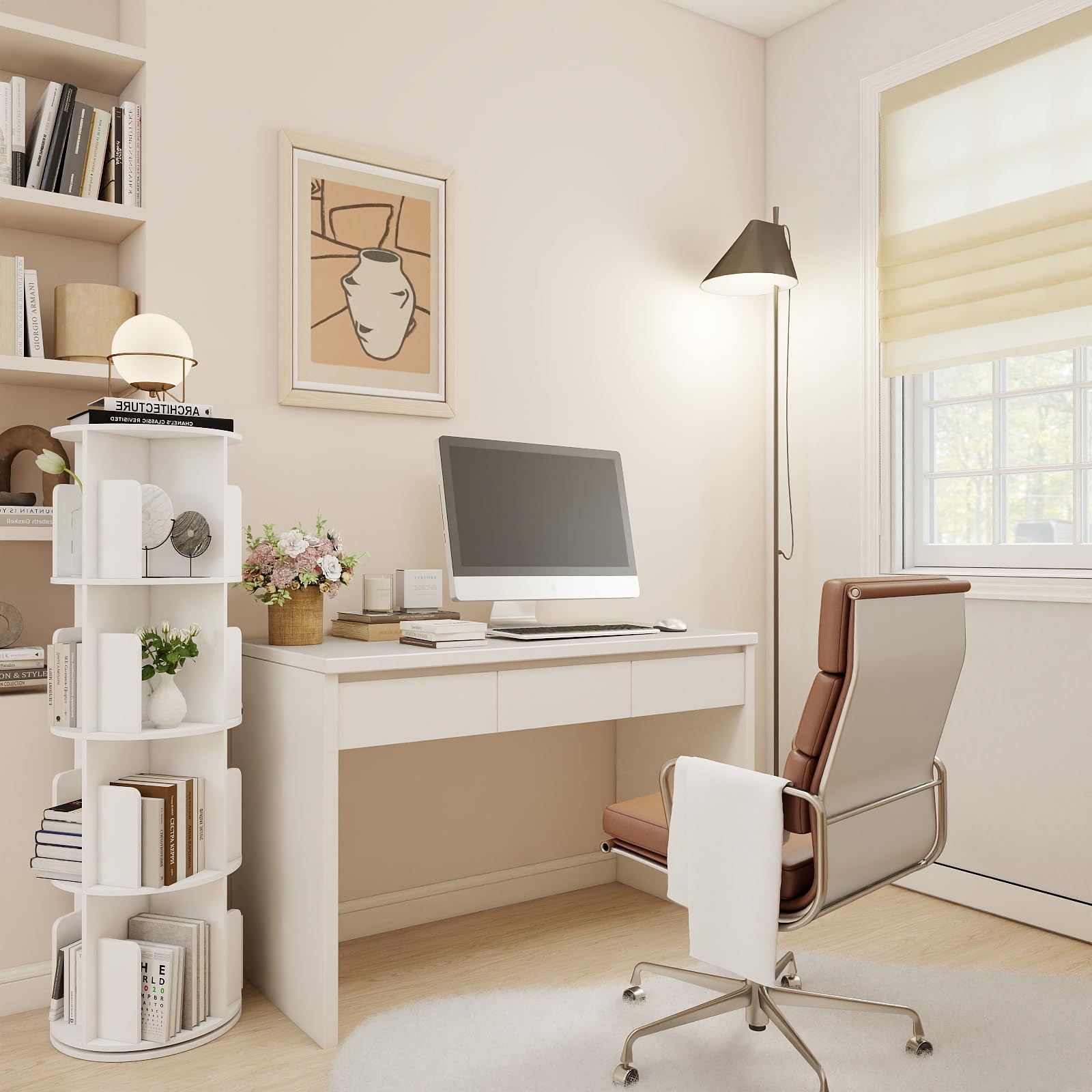Bibliothèque Rotative, 4 Niveaux et 16 Compartiments, Base Ronde rotative à 360°, Convient pour Salon, Chambre, Bureau, Chambre d'enfant, 39×128cm (φ×H), Blanc