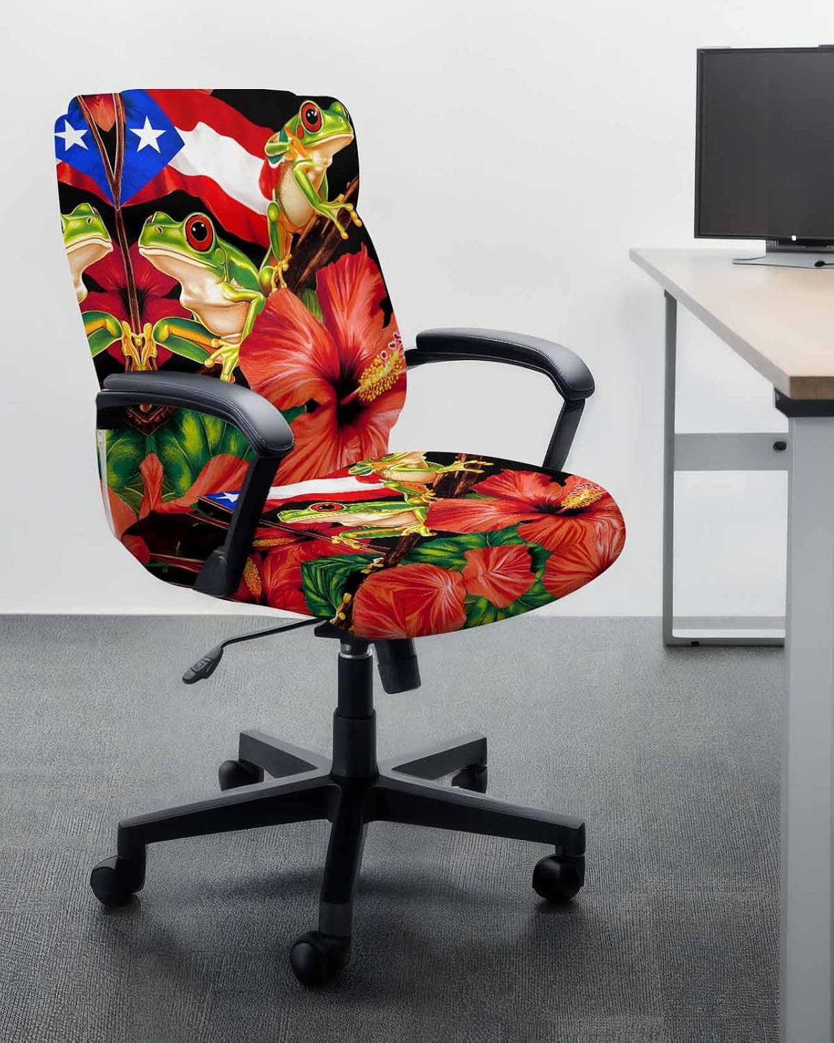 DecorLovee Puerto Rico Flag Office Chair Covers Stretchable Computer Gaming Chair Cover, Frog Red Flower Summer Leaf Universal Desk Chair Covers Removable Rotating Chair Slipcover with Zipper, S