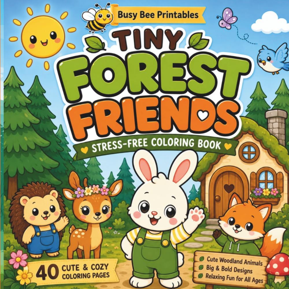 Tiny Forest Friends: Stress-Free Coloring Book: 40 Cute & Cozy Woodland Coloring Pages with Big & Bold Designs for Kids Ages 3–8 (Busy Bee Cozy Coloring Collection)