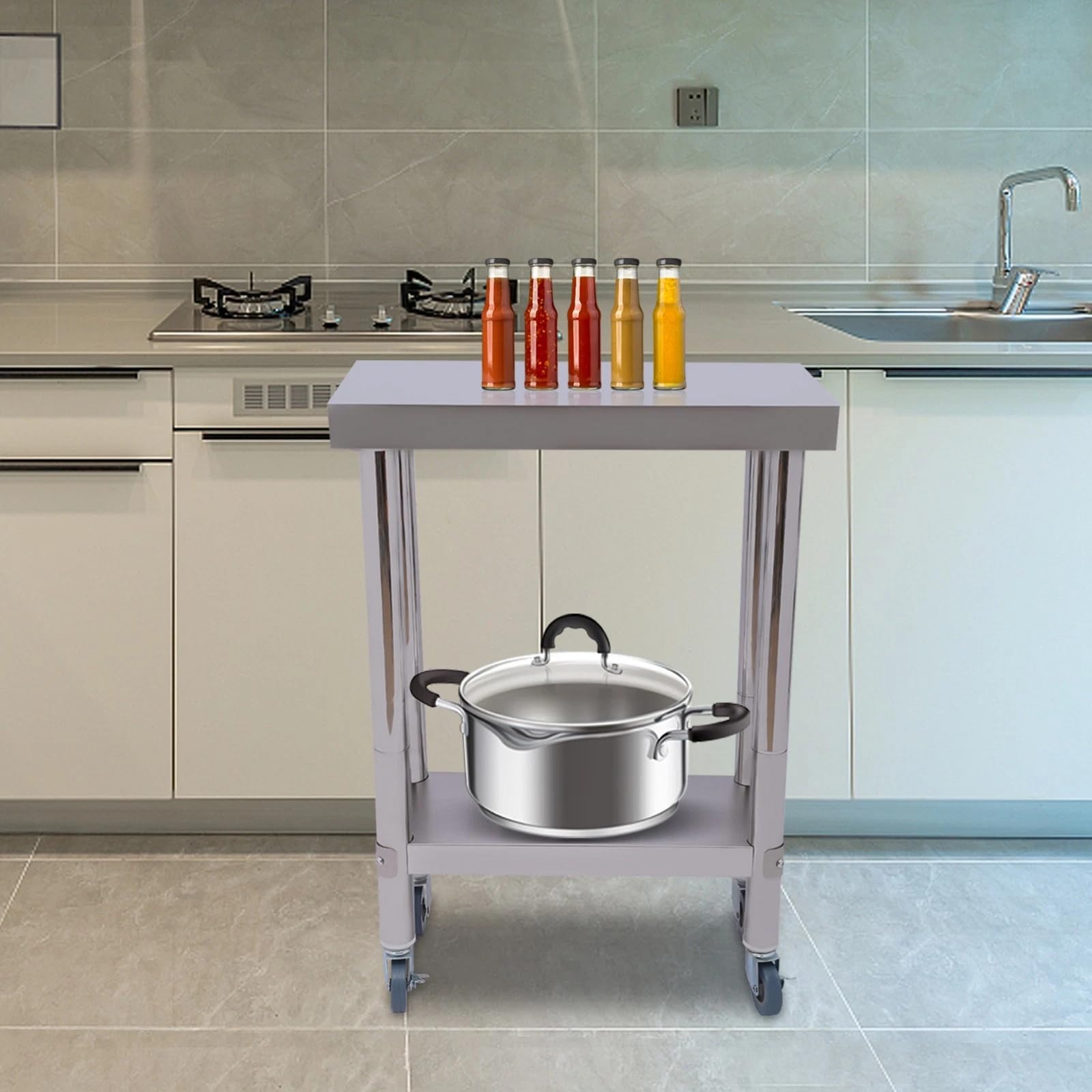 Mesa de trabajo (acero inoxidable, 60 x 30 x 85 cm, mesa de trabajo, 201 minimalista, con ruedas y estante inferior carga 300 kg, mesa de trabajo cocina