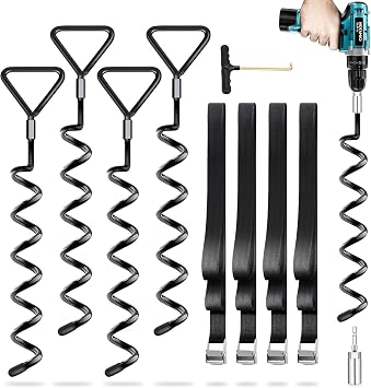 Ground Anchor Pack of 4 with straps, trampoline anchor kits