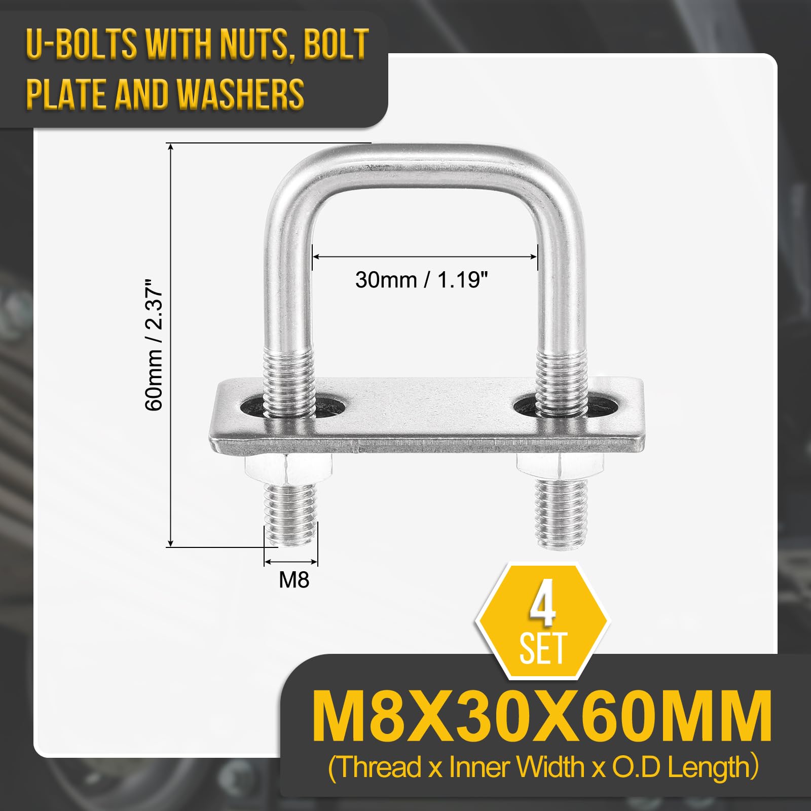 DTGN M8x30x60mm U Bolts Square Kit, 4Set, 304 Stainless Steel U-Bolt Kit with Nuts, Washers, Frame Plate - Image 2
