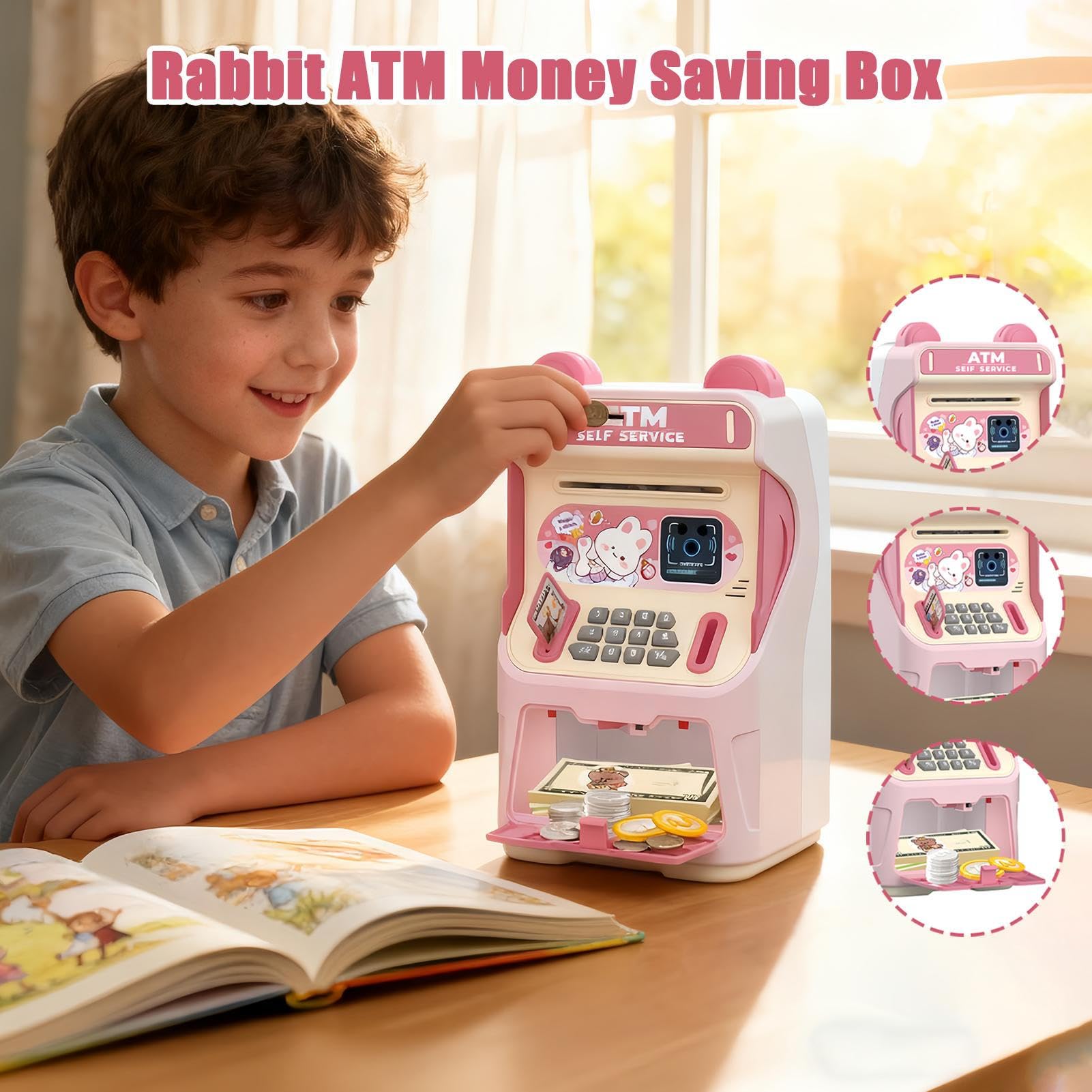 Salvadanaio Bancomat - ABS 25,5 x 13,5 x 13,0 cm | Elettronica con musica e riconoscimento facciale | Banca ATM con avvolgimento automatico per banconote e monete tipo bambini 3+ anni casa