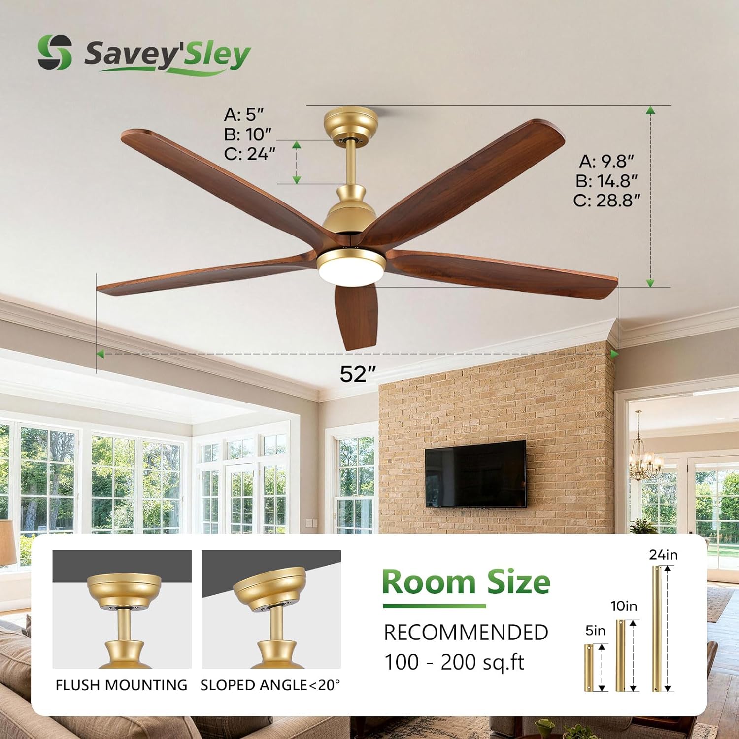 52 Inch Ceiling Fan with Lights, Gold Brass Finish, Solid Wood Ceiling Fan, Outdoor Damp Rated for Patio, High CFM Quiet Reversible DC Motor, Rustic Farmhouse Blades, for Indoor Living Room Bedroom