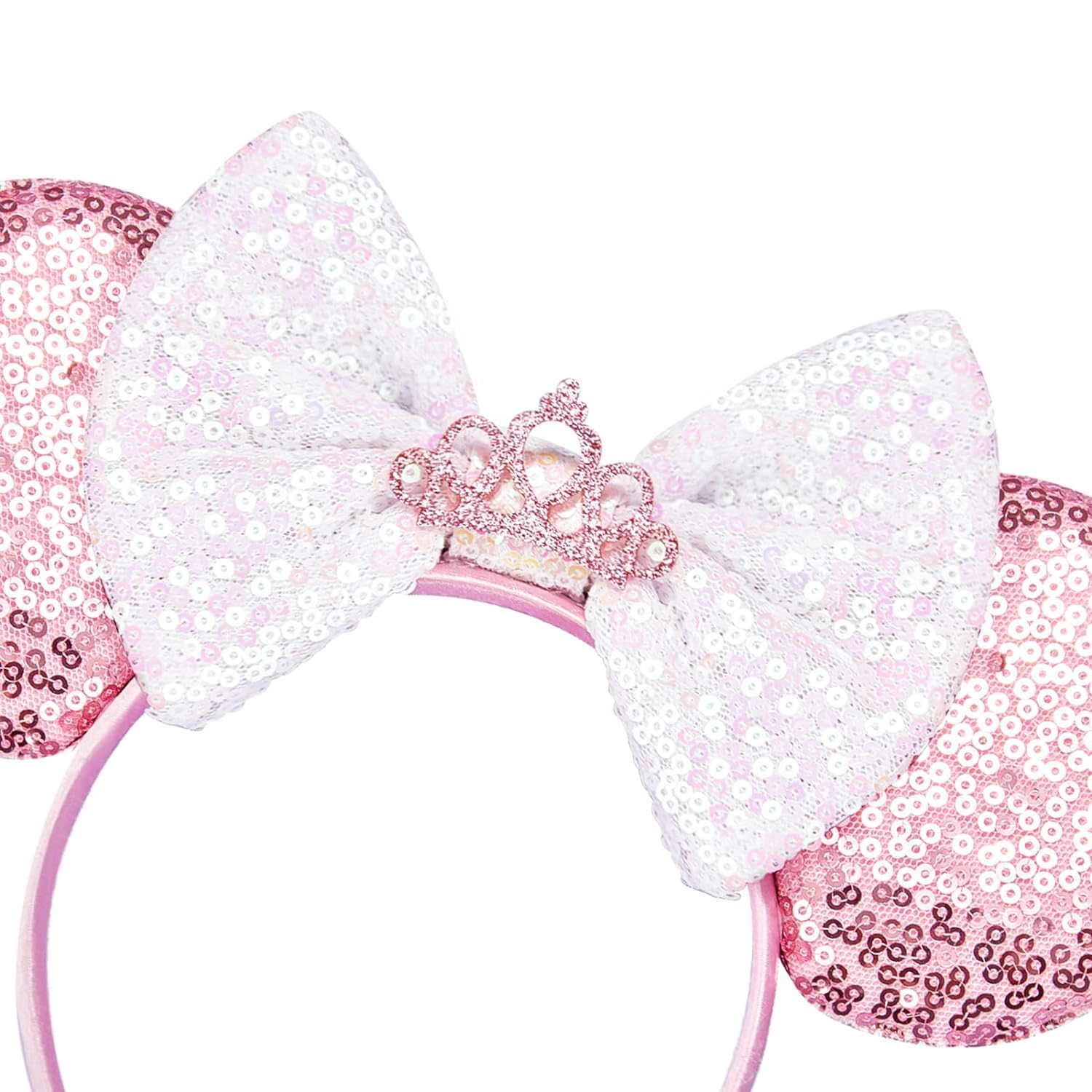 YUNISS Oreilles de Souris Bandeaux, Noeud à Paillettes Bandeaux pour Filles et Femmes (Rose - Couronne)