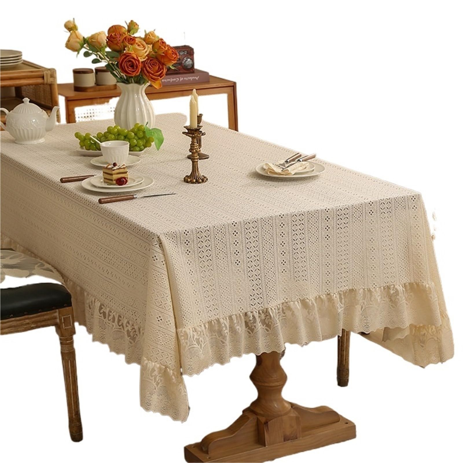 VIOLDHHJK Lace Tablecloth Lace Tablecloth Elegant Rectangle Dustproof Cover For Wedding Birthday Party Table Decoration(Cream,140x100cm)