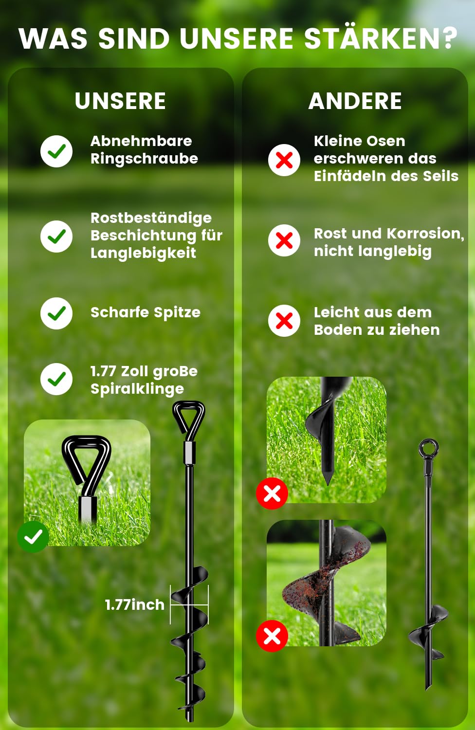 Piquets d'ancrage au sol 48 cm, lot de 4 Piquets d'ancrage Premium Secure version améliorée à visser pour la fixation de tentes, trampolines, chiens, abris, etc., résistent au vent fort