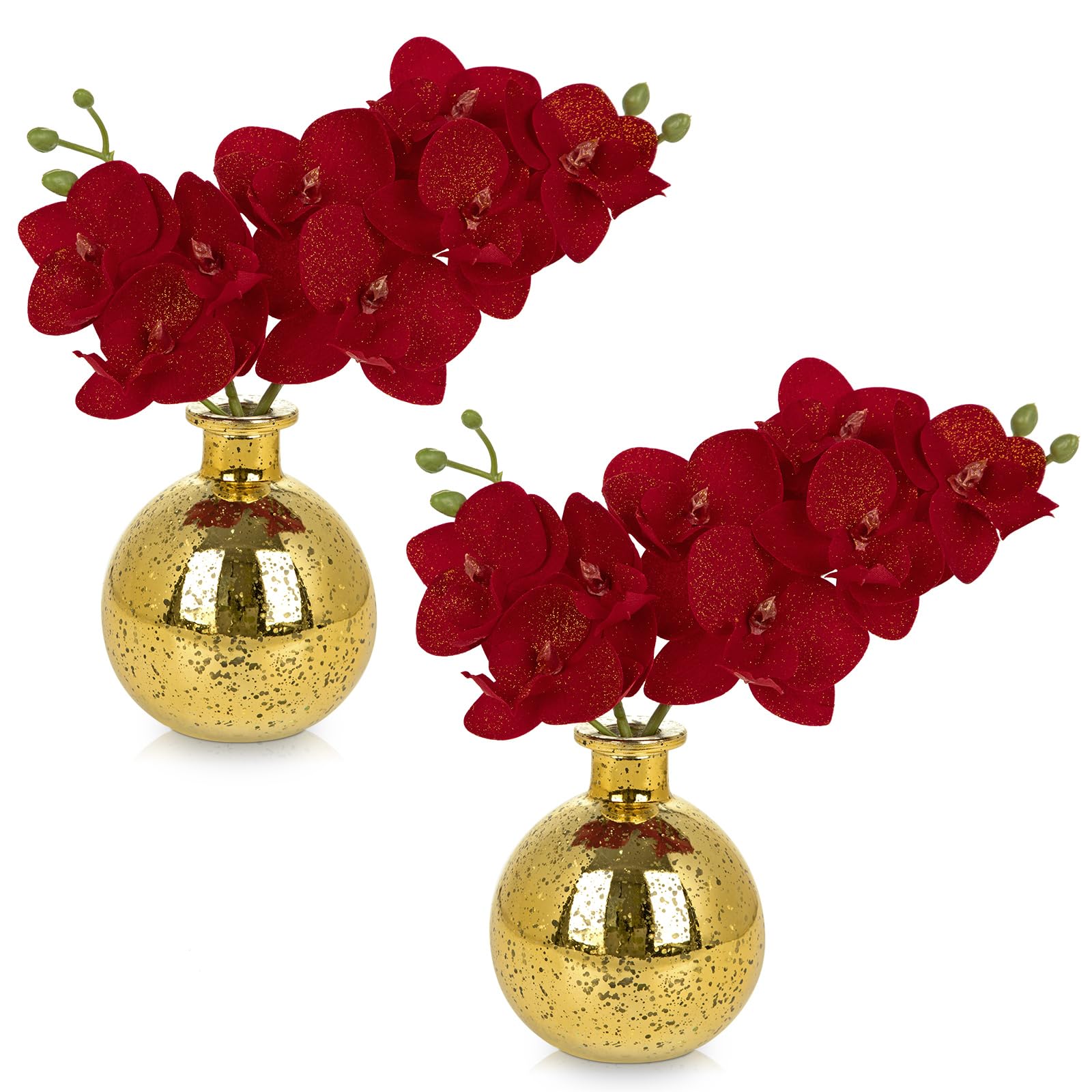 Hollyone 2pcs Artificial Red Velvet Orchid Flower in Vase, Small Fake Orchid Plant with Glass Vase