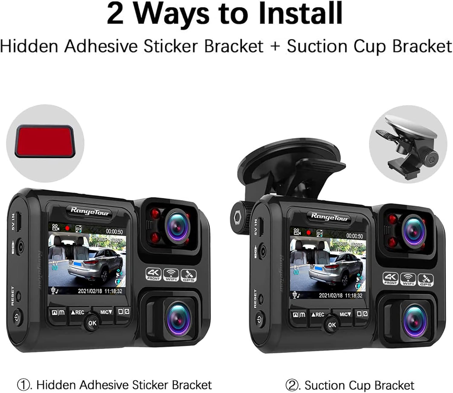 Dwa sposoby montażu kamery samochodowej: za pomocą ukrytego uchwytu z naklejką lub uchwytu z przyssawką.