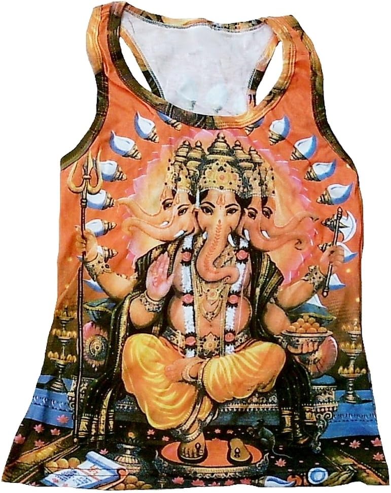 Damen Tank Top Shirt Orange Hindu Deity God Lord Ganesh Ganesha Psychodelic Goa Trance Dj Beach Party Kunst Art Religion Star Designer Vintage Tattoo Design