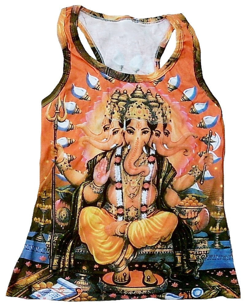 TICILA Damen Tank Top Shirt Orange Hindu Deity God Lord Ganesh Ganesha Psychodelic Goa Trance Dj Beach Party Kunst Art Religion Star Designer Vintage Tattoo Design