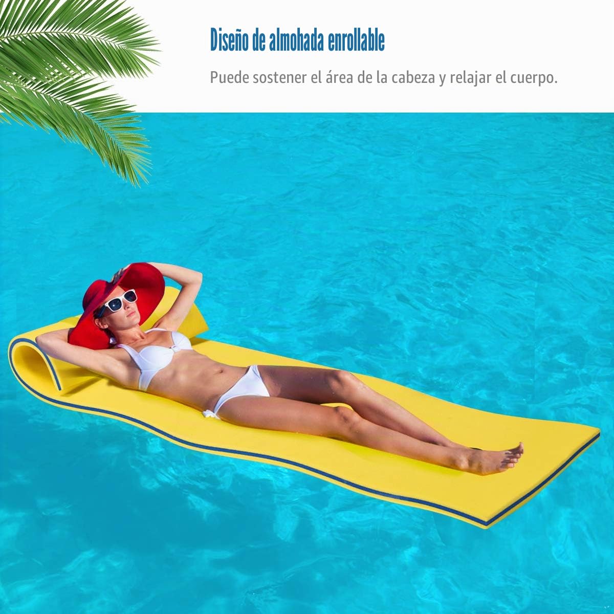 RELAX4LIFE 210x66cm Colchoneta Flotante para Piscina con Cuerda de Fijación, Tumbona de Agua Enrollable de 3 Capas de Espuma XPE, Esterilla Flotante para Descanso y Relajación, Carga 70kg