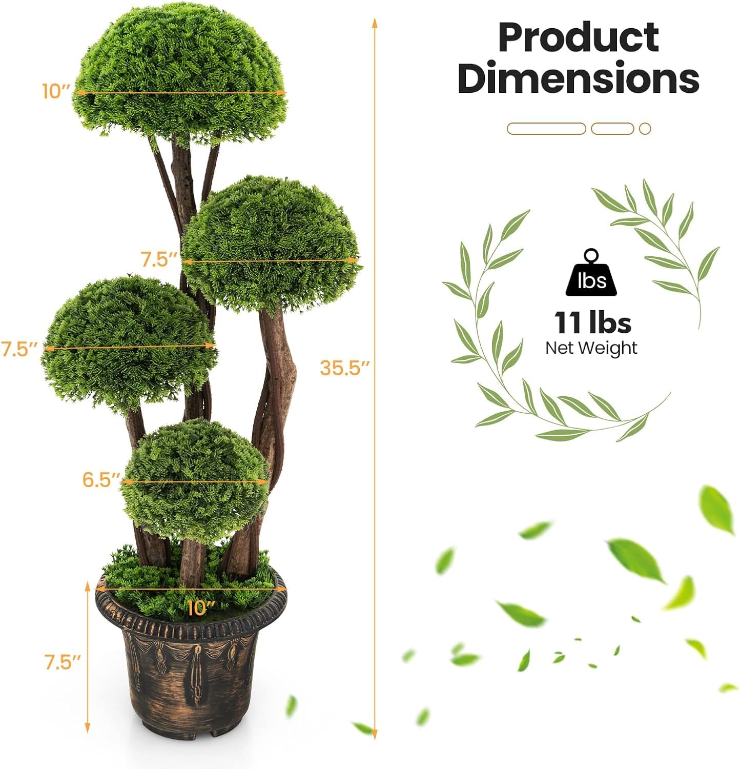 outdoor basic Sztuczny cyprys Topiary Ball Tree, Polietylen, Cement, Polichlorek winylu, Zielony