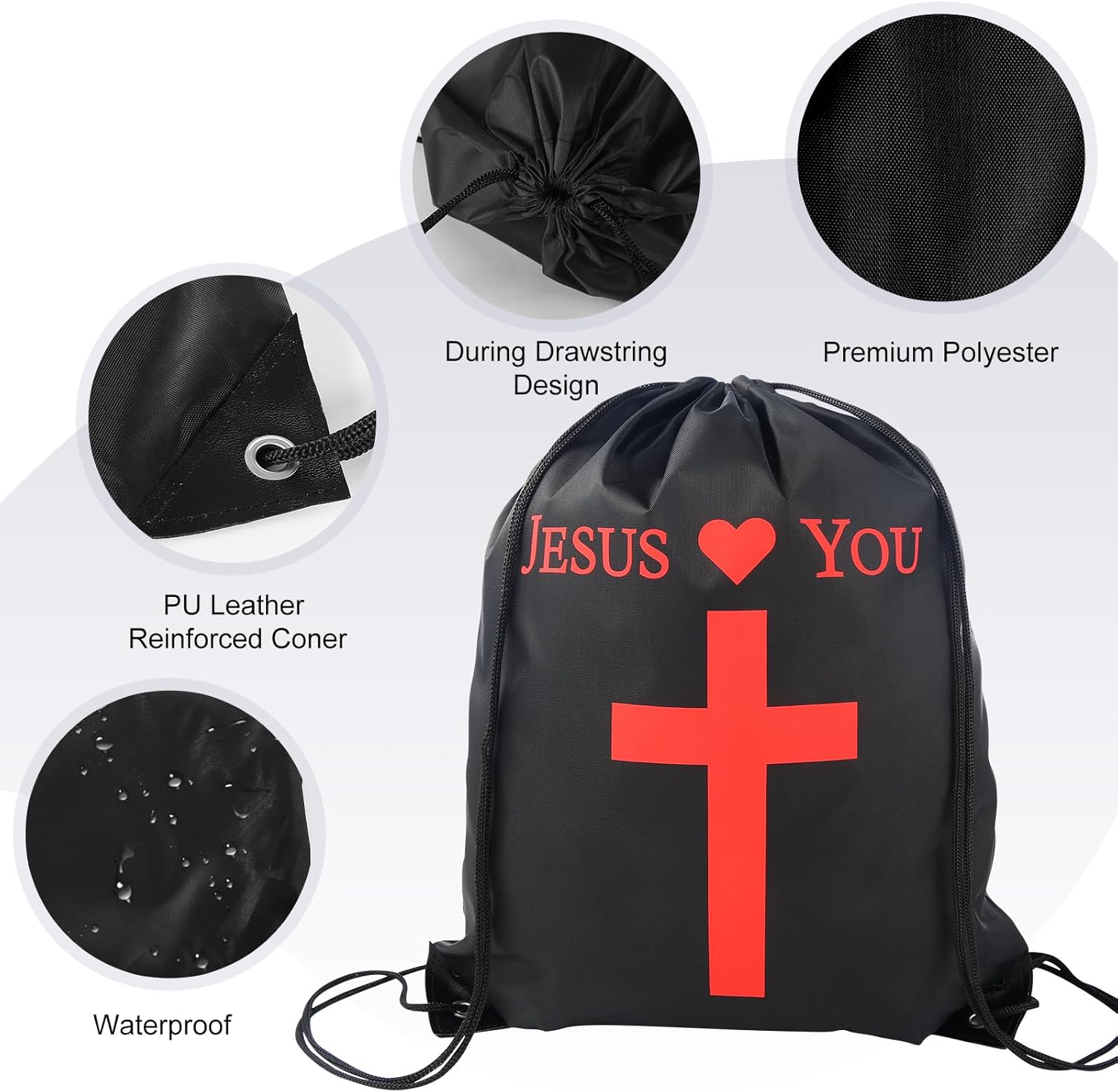 VZZNN 30 Pcs Jesus Loves You Drawstring Backpack Bulk Christian Gift Bags Church Supplies String Backpack Cinch Bag Jesus Stuff(Black)