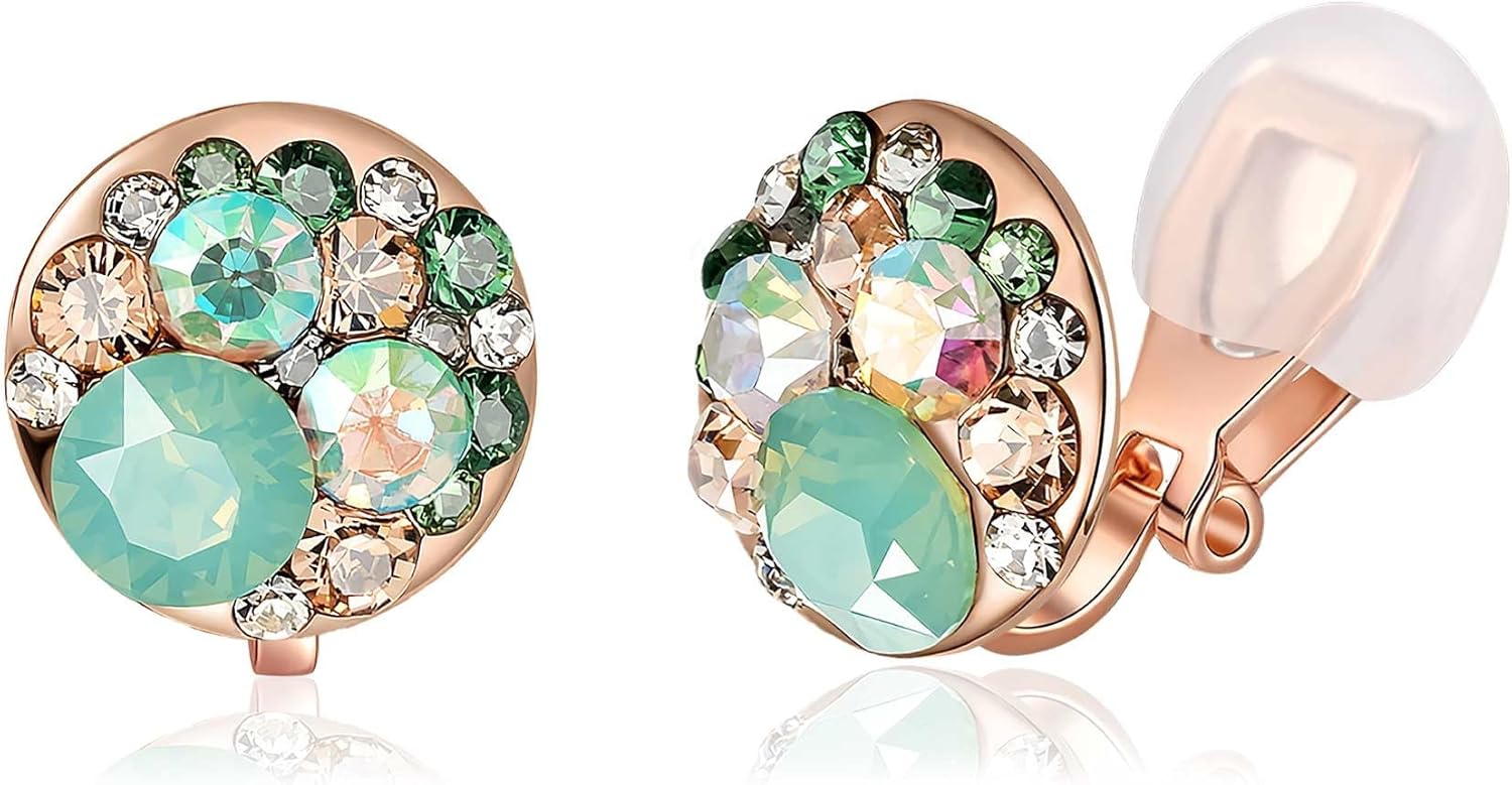 EVEVIC Austrian Crystal Multicolored Cilp On Earrings for Women 14K Gold Plated Non Pierced for Sensitive Ears Jewelry Gifts