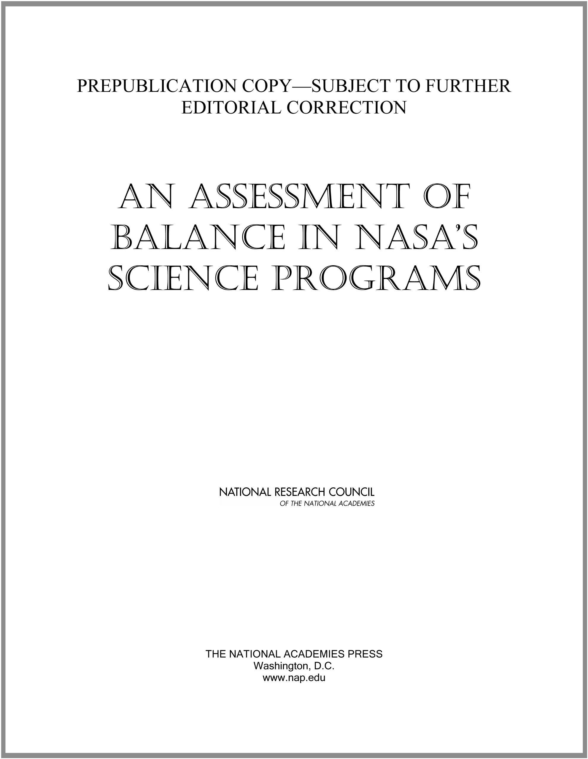 An Assessment of Balance in NASA's Science Programs
