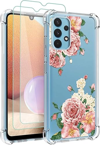 Osophter Funda para Galaxy A32 4G con 2 protectores de pantalla transparente y esquinas reforzadas, TPU absorción de golpes, flexible para Samsung