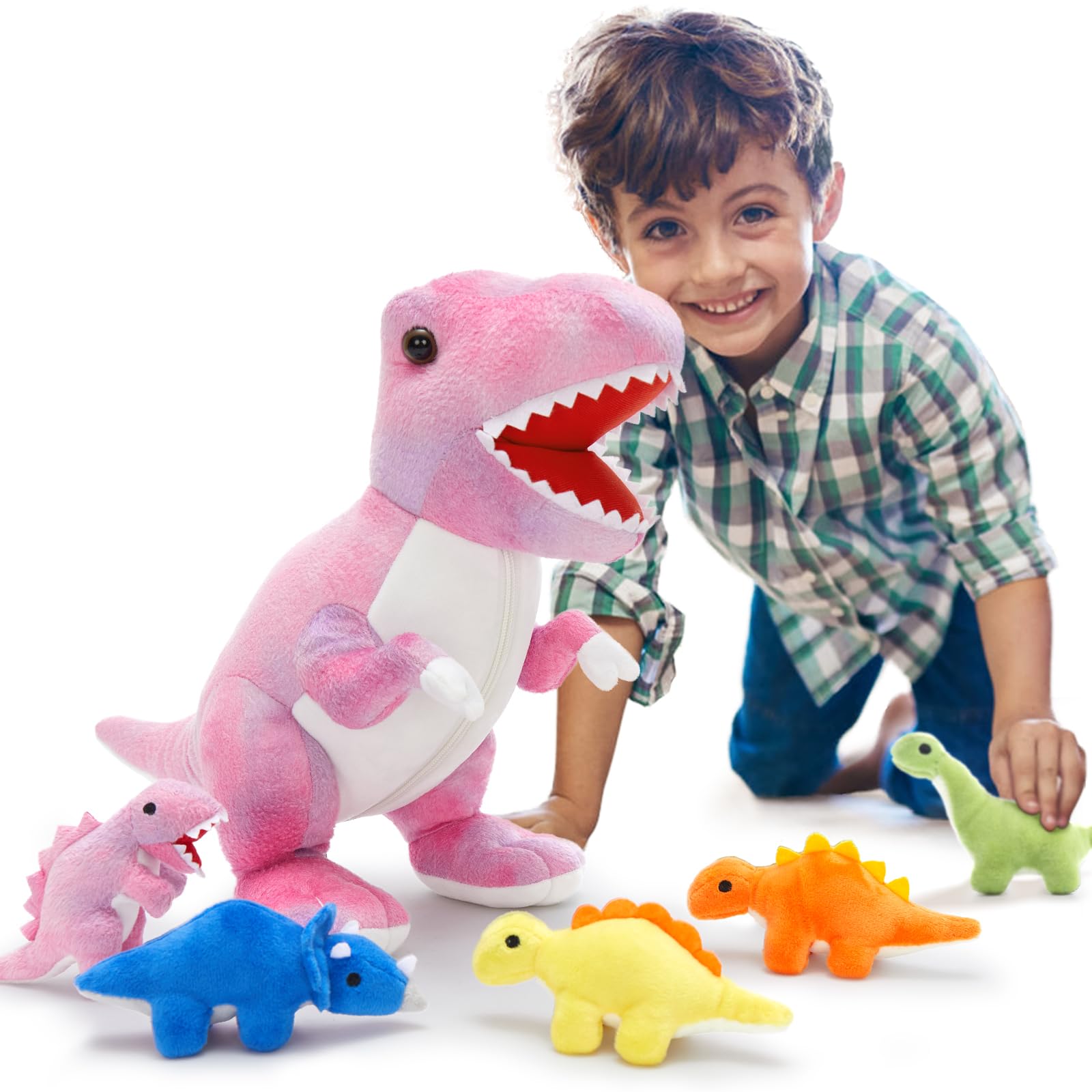 MorisMos Big Dinosaur Teddy Stuffed Animal, 50cm Pink Cuddly Fluffy Mom with 5 Babies Inside, Large T-Rex Soft Toys Kawaii Dino Present for Kids Birthday Christmas Deco — view 7